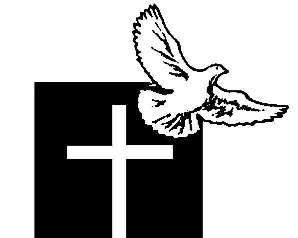 Icon of a dove flying next to a cross, representing peace and Christianity.