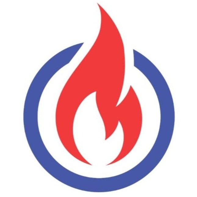 A logo featuring a red flame inside a blue circle.