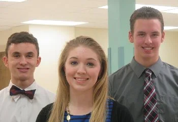 Shelby County Right to Life Oratory Contest; Three young adults, two men and one woman, smiling in an indoor setting. Contestants Erin Gaerke, Nathan Platfoot.