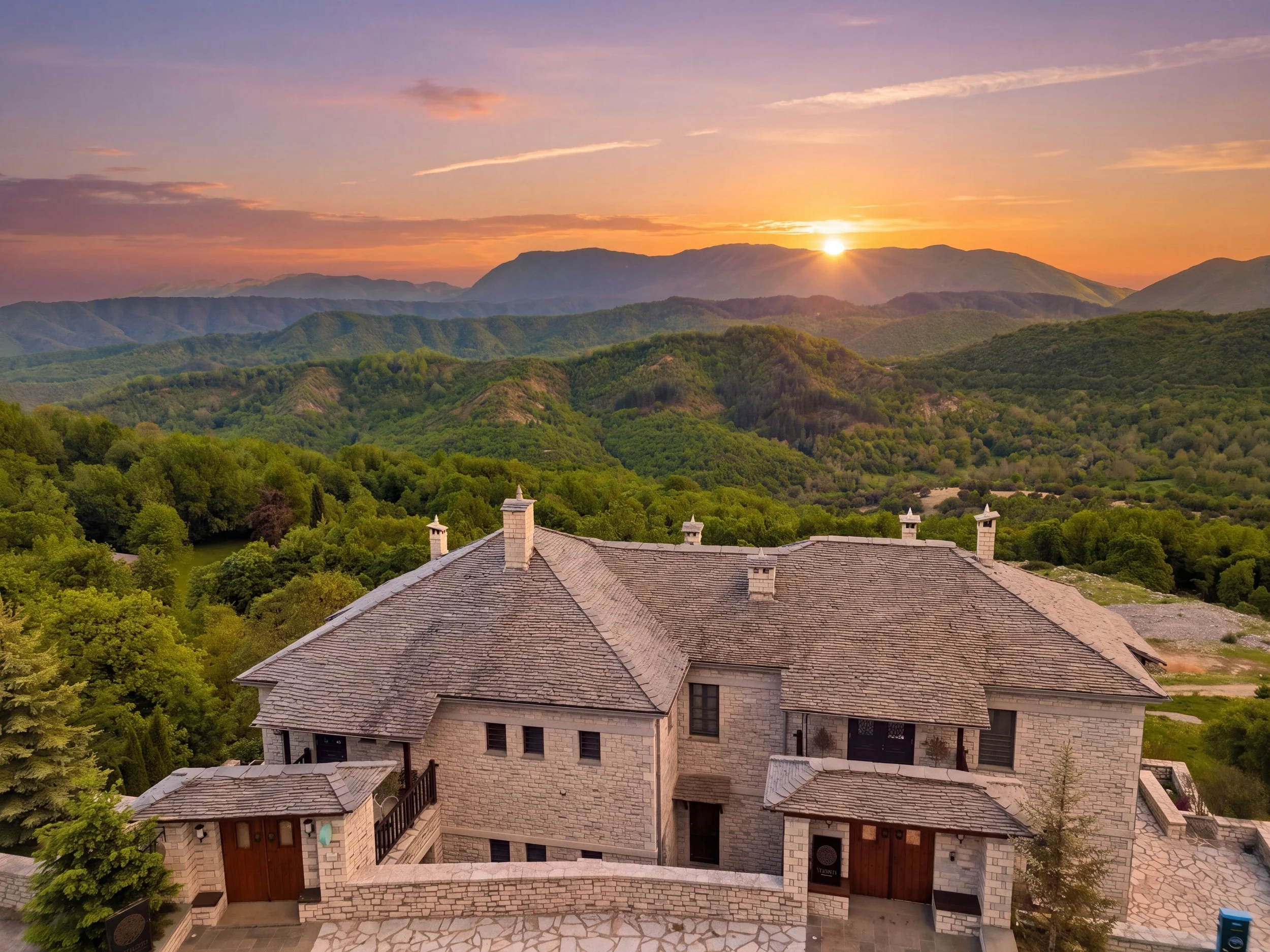 Exterior view of a house with a stone facade and multiple chimneys, surrounded by lush green trees, with mountain ranges and a sunrise in the background.