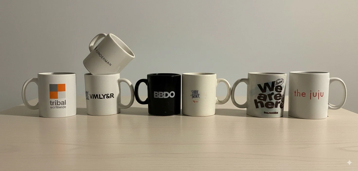 Siete tazas con diferentes logotipos que representan las agencias en las que trabajé.