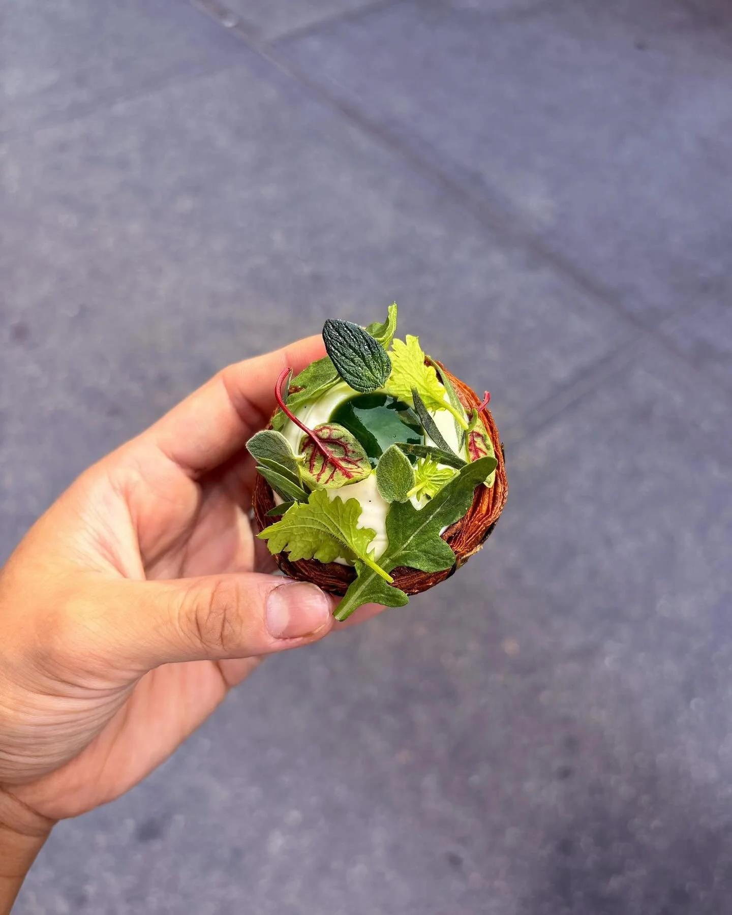 Jungle 2.0 - croissant shell with &ldquo;fossilized&rdquo; herbs&hellip;pecan praline, roasted pecan sponge, lightened fromage blanc cream and Tahitian vanilla, basil, mint and tarragon gel, fresh peppery herbs- micro wasabi, arugula, oregano, sorrel