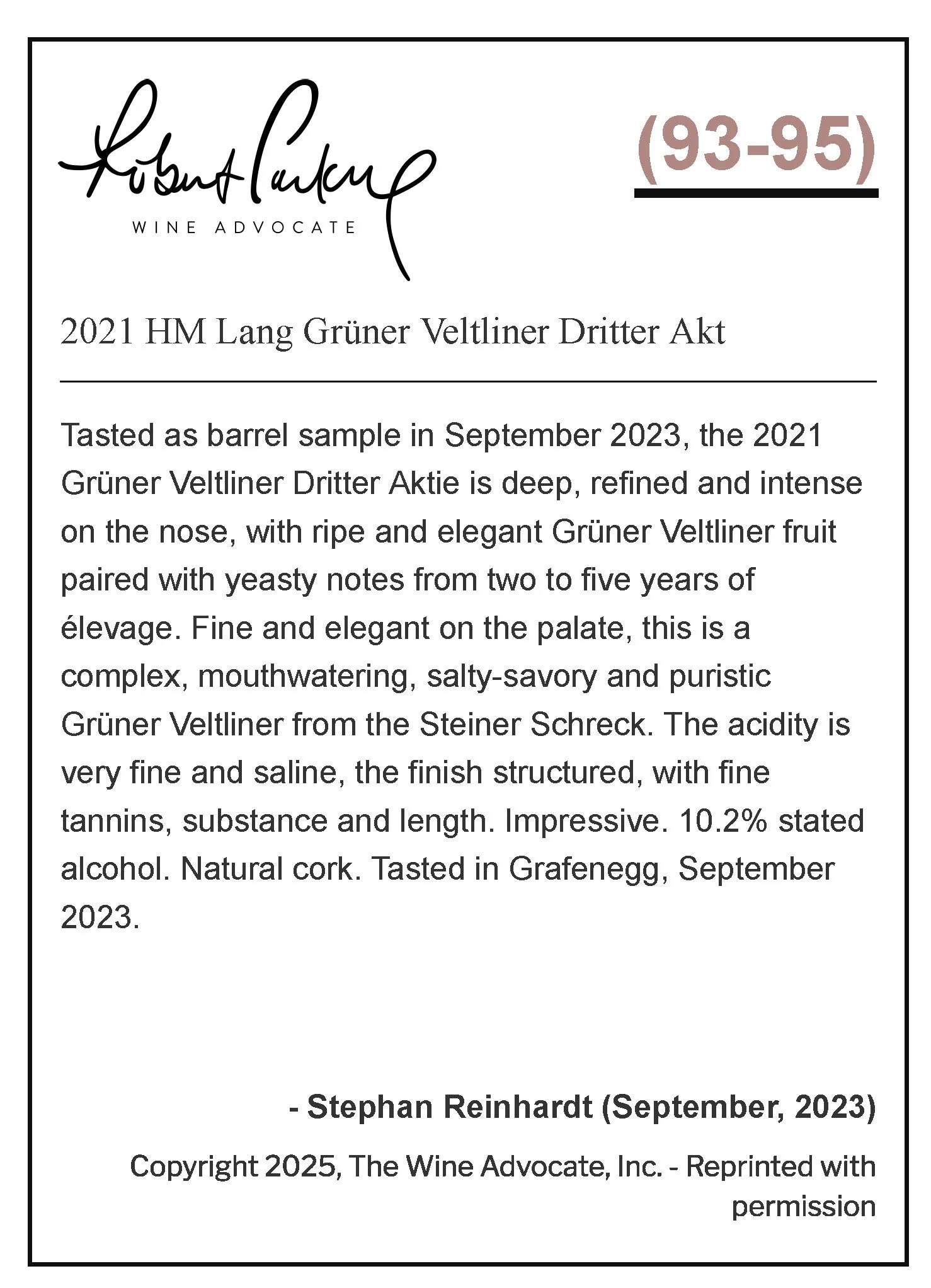 Etikett für einen Wein, Beschreibung auf Deutsch, mit Angaben zum Wein, Jahr, Geschmack, Alkoholgehalt, Verkostungsnotizen, Herkunft und Verkostungsdatum.