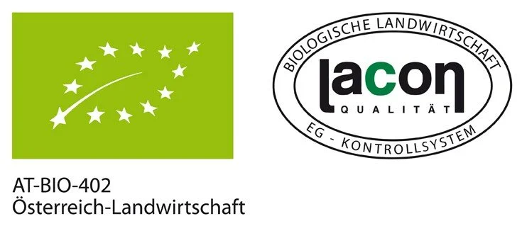 Logo der EU-Bio-Label mit Aufschrift "AT-BIO-402" und "Österreich-Landwirtschaft" darunter.