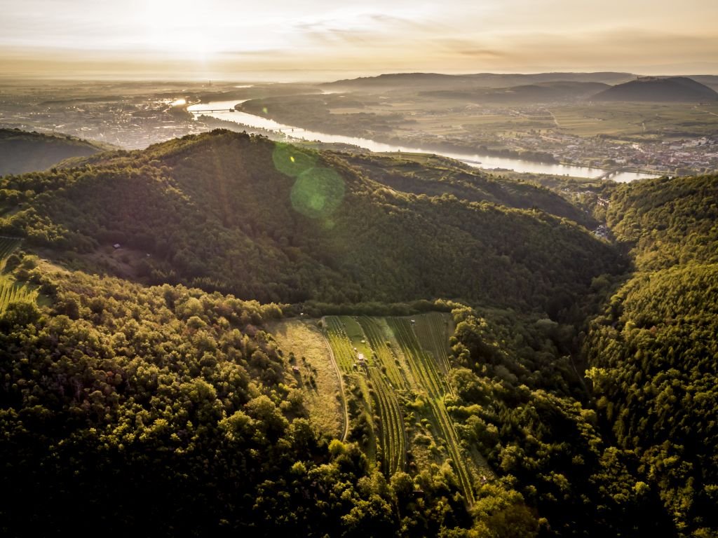 Landschaft mit Fluss, Hügeln und bewaldeten Gebieten bei Sonnenuntergang