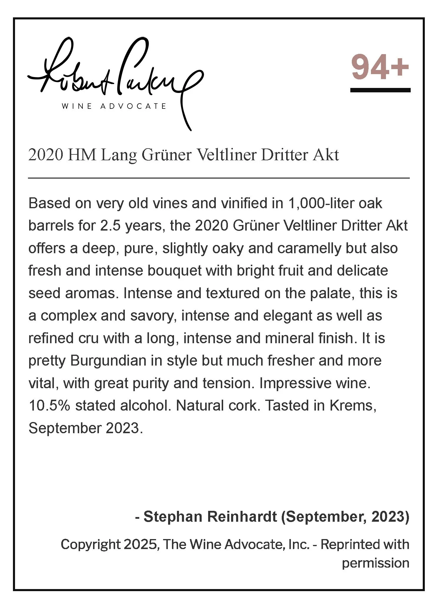 Beschreibung eines Weinetiketts für 2020er Grüne Veltliner Dritter Akt mit Informationen zu Geschmack, Alkoholgehalt, Herkunft, Verkostung im September 2023 und Hersteller.