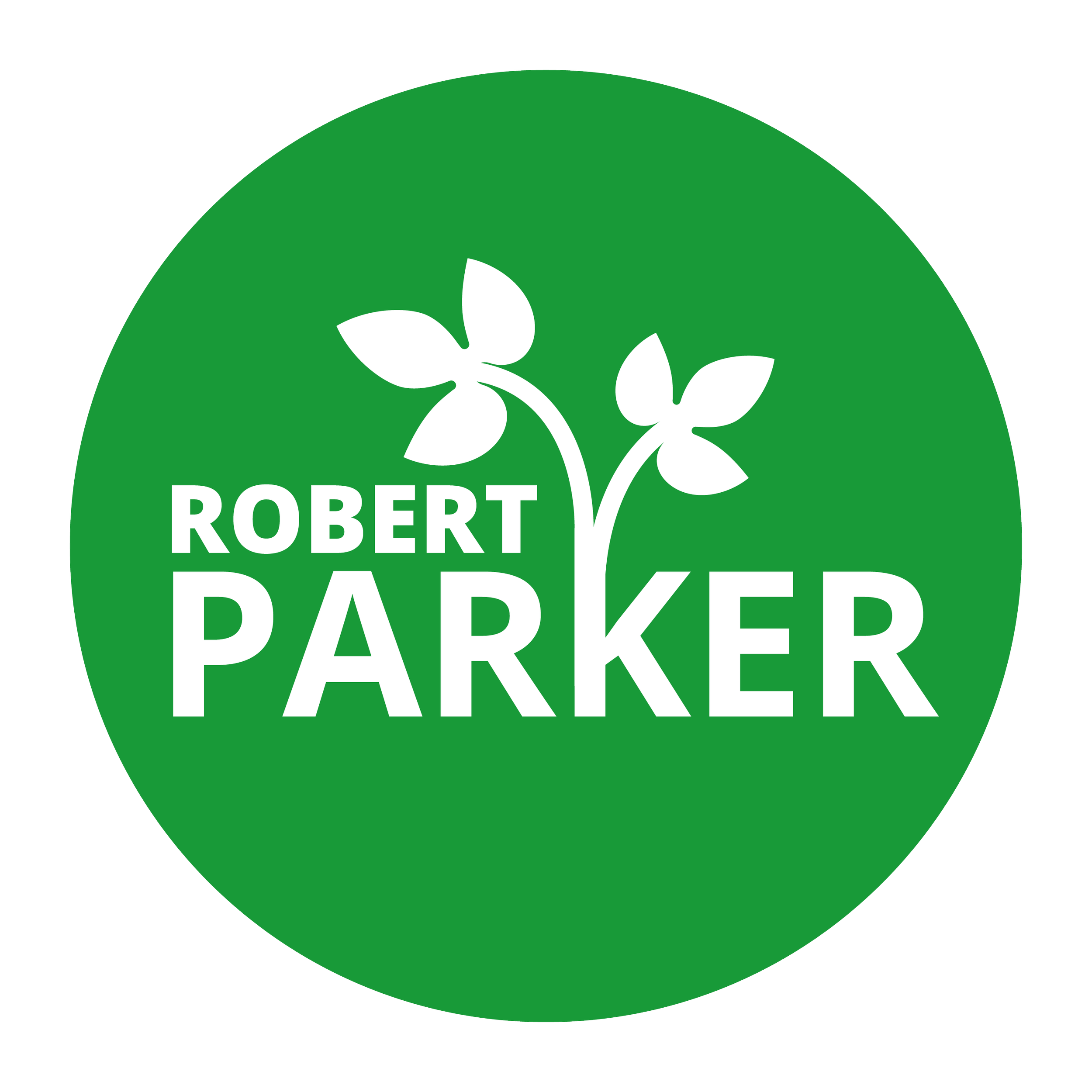 Grüner runder Wahlplakat mit weißen Blumen und weißen Text, der den Kandidaten Robert Parker vorstellt.