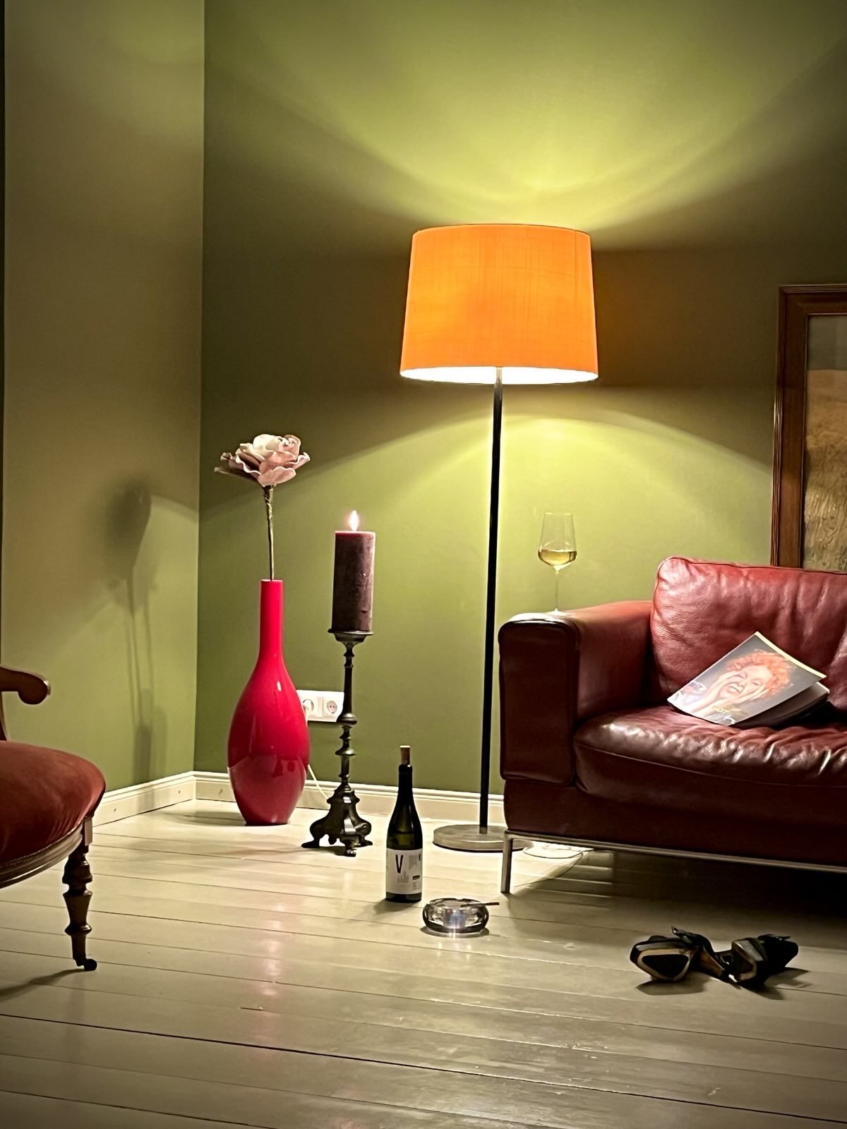 Gemütliches Wohnzimmer mit grünem Wand, rotem Sofa, Stehlampe, Kerzen, Wein, Magazine, und Teleskoprahmen auf dem Boden.