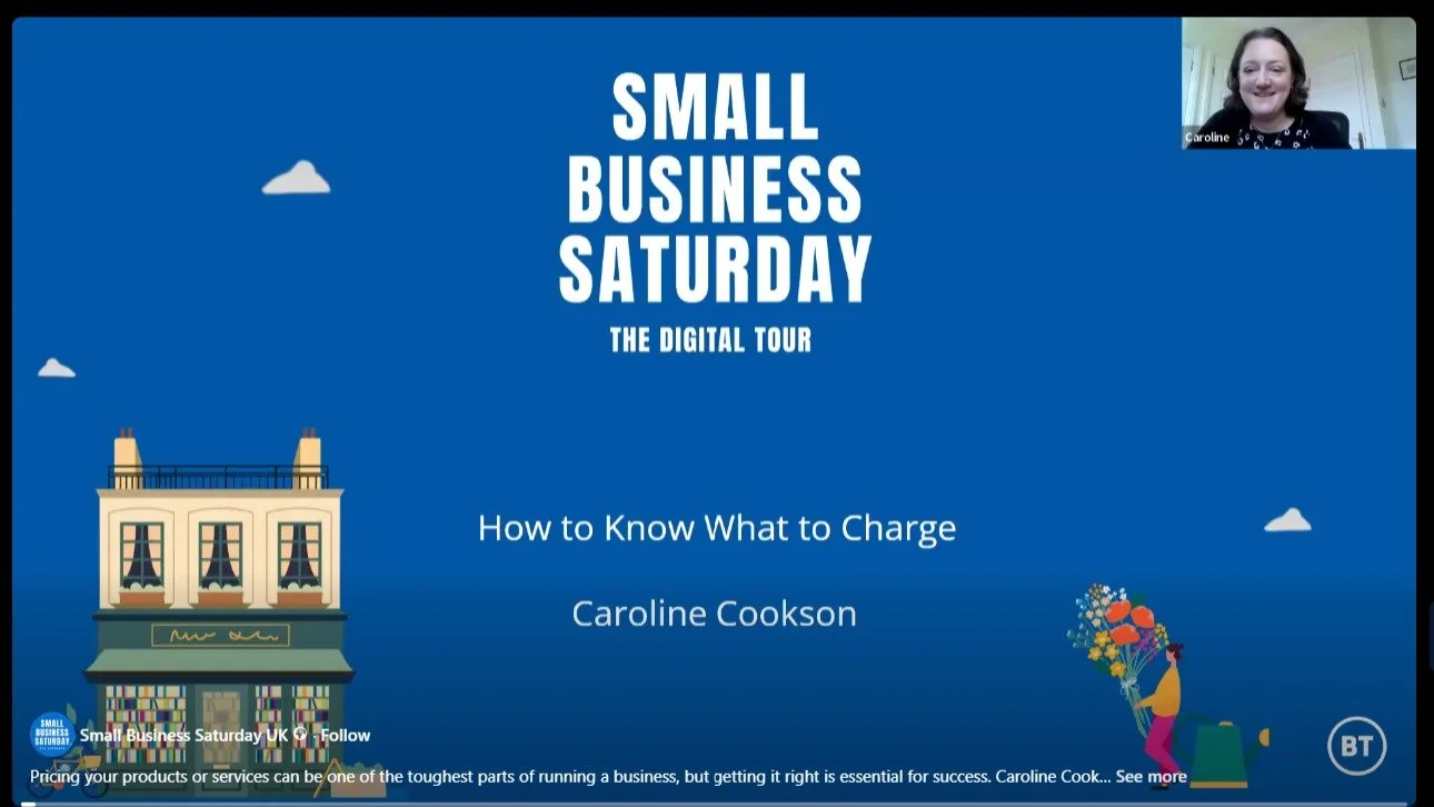 I so enjoyed my session with @smallbizsatuk talking about How to Know What to Charge in their worskhop. 

If you missed it but you're keen to learn more you can find it on their YouTube or Facebook channels!