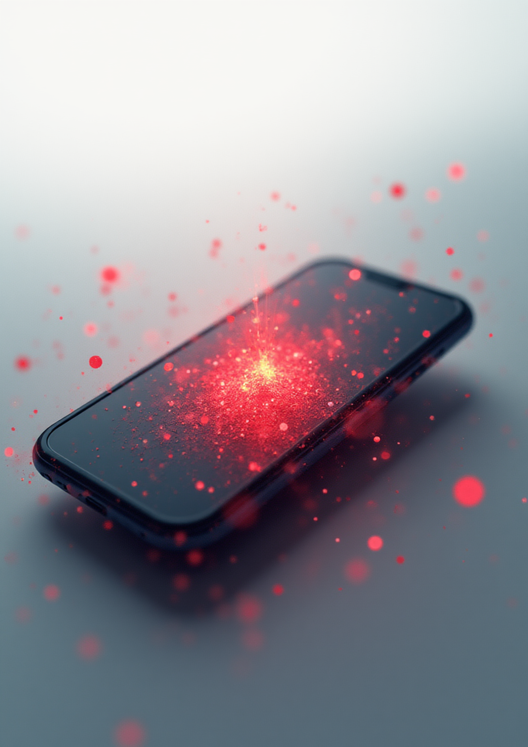 A smartphone with red digital sparks emerging from the screen.