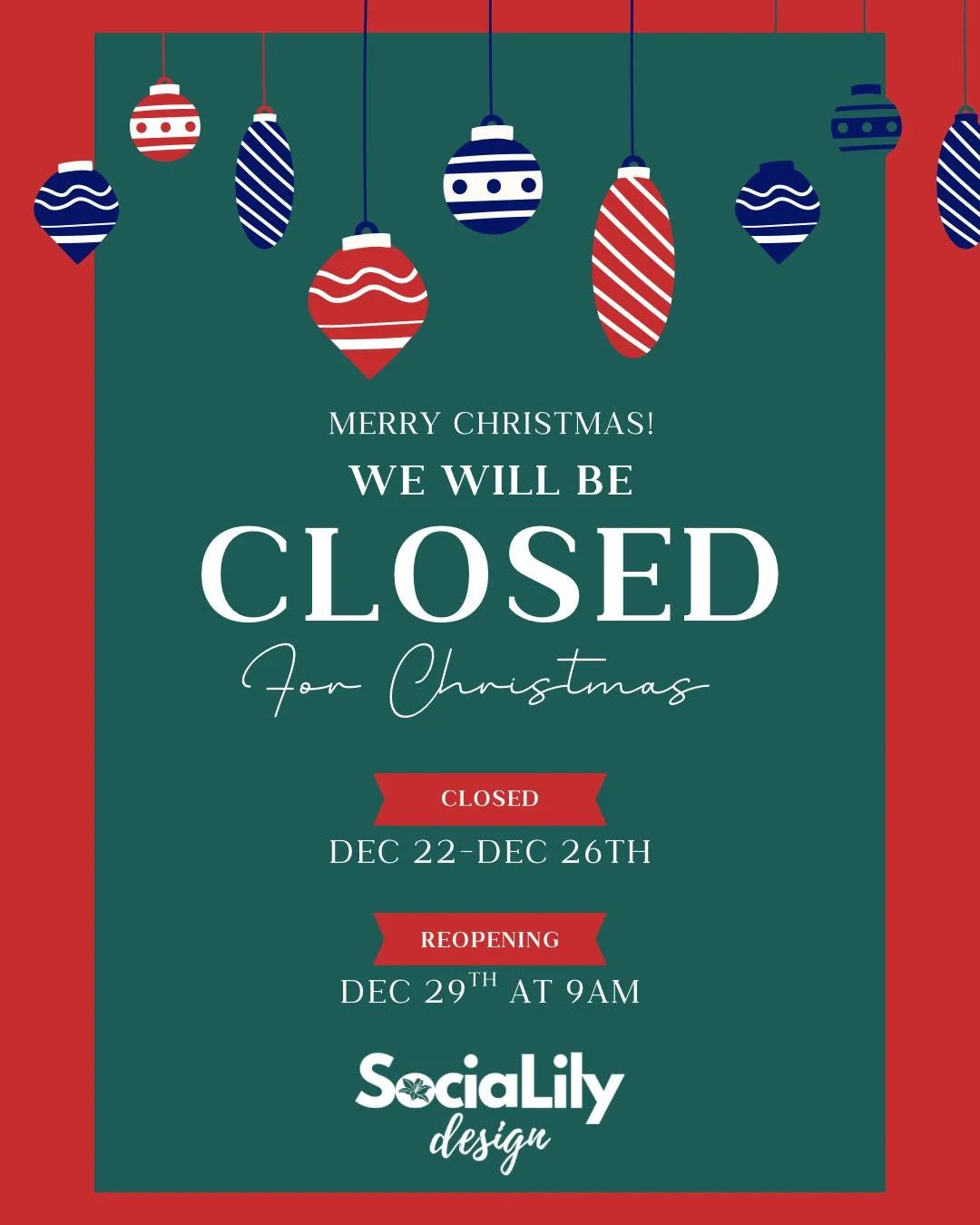 Merry Christmas from SociaLily Design! 

We will be closed for Christmas Monday through Friday as our staff will be celebrating with their families. 

Thank you for your patience in returning calls and emails!