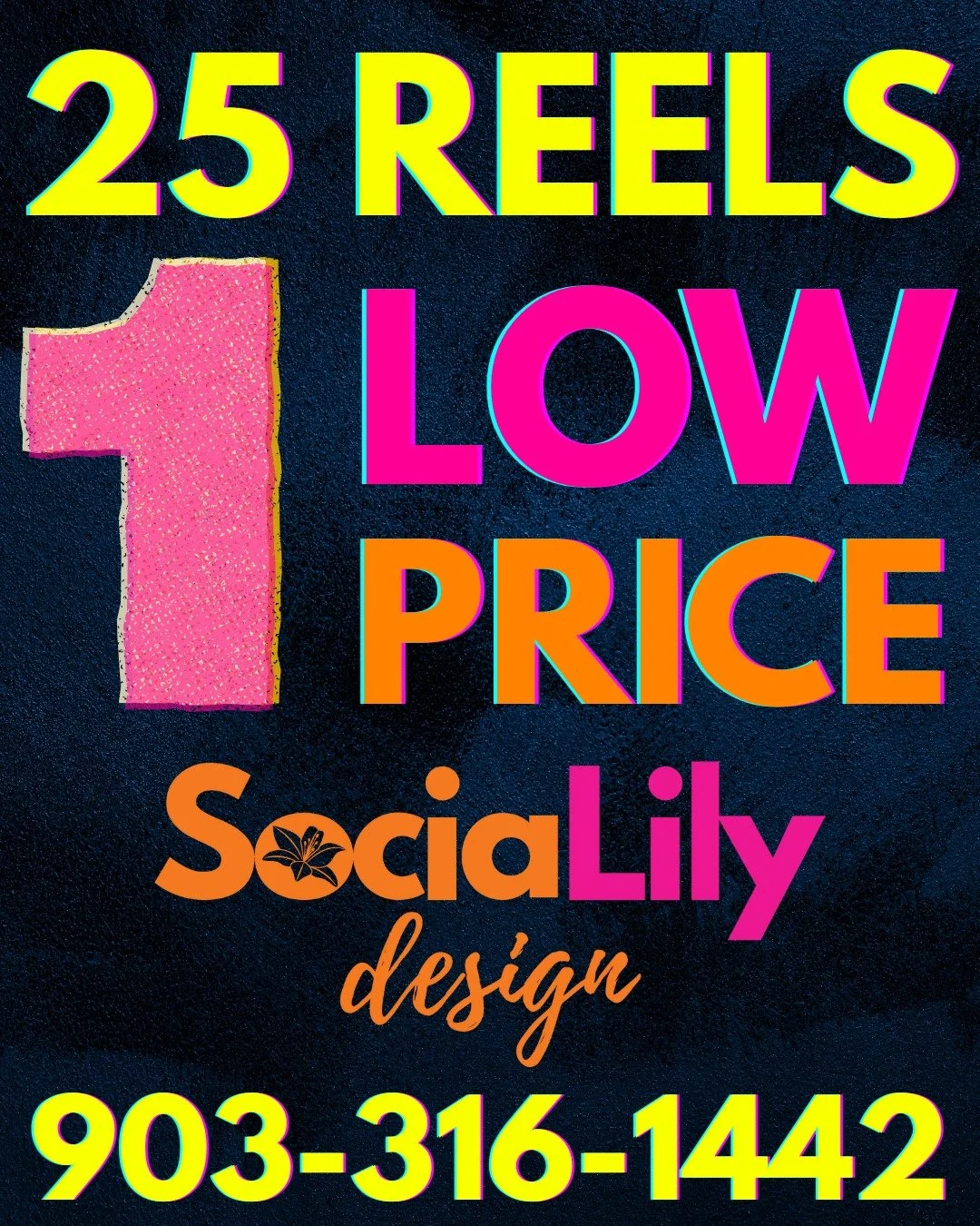 25 reels for 1 low price! 

Contact us today to learn more about this offer! 

SociaLily Design offers social media content creation, custom website design, page management, and ongoing SEO services for businesses in East Texas!

Learn more at www.so