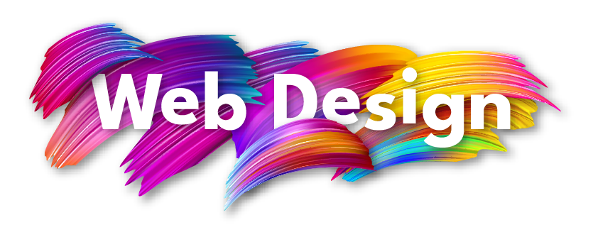 Colorful brush strokes background with the words 'Web Design' in bold white text