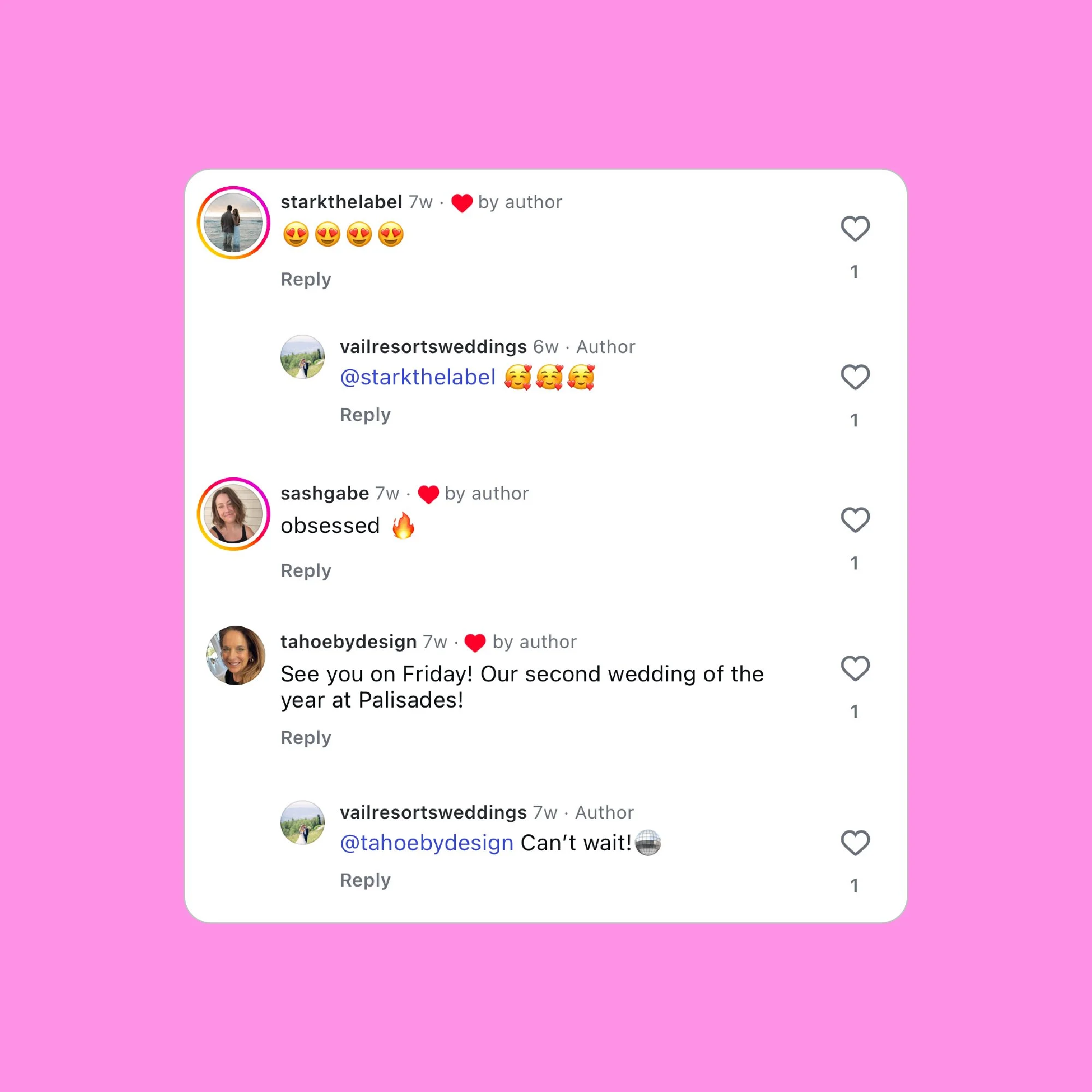Instagram comment section on a pink background showing multiple comments about a wedding, including emojis and replies between users.