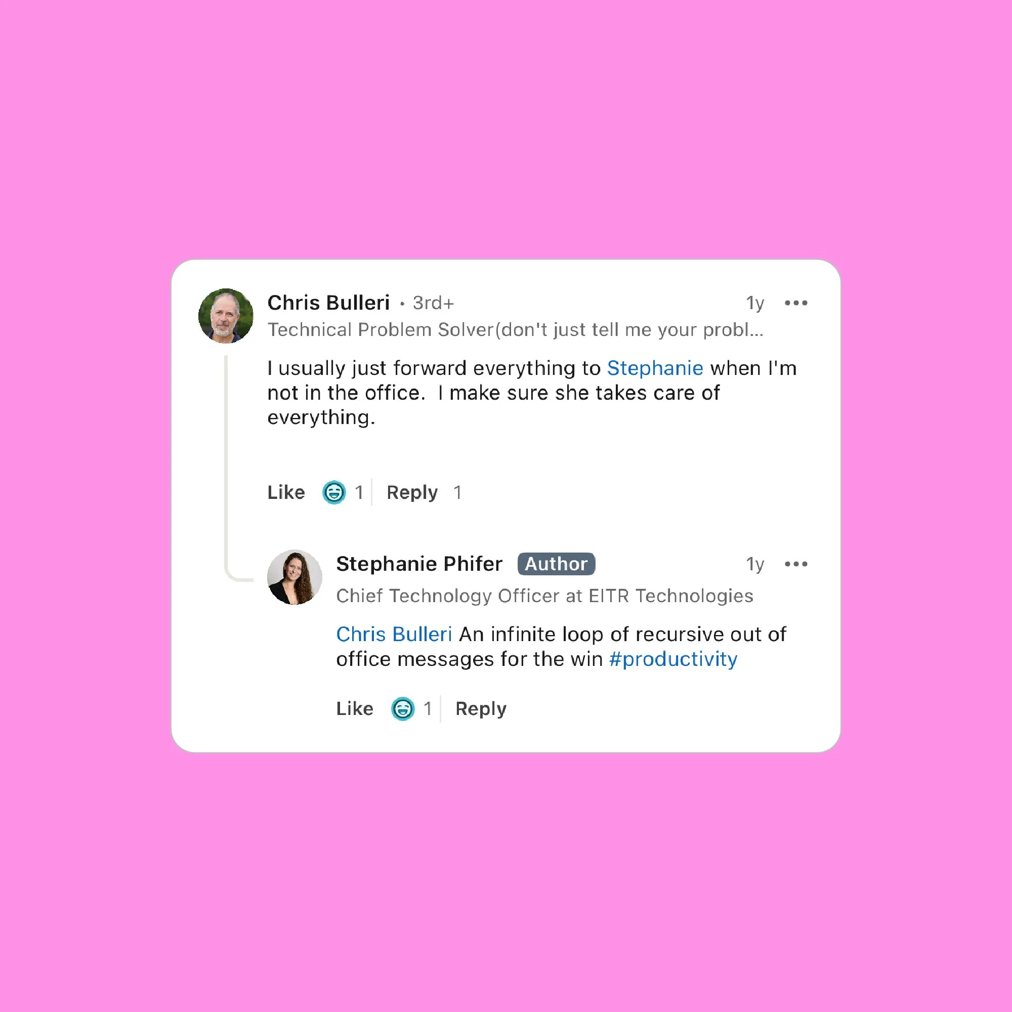 Screenshot of a LinkedIn conversation between Chris Bulleri and Stephanie Phifer, with pink background.