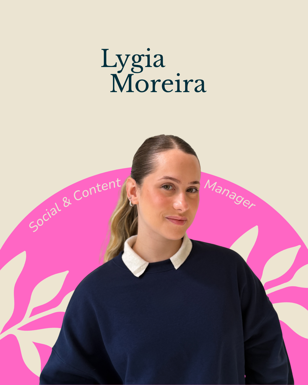 Smiling young woman with shoulder-length brown hair, wearing a cream-colored textured blouse, standing against a bright pink background with black text arching above her head that reads 'Samantha McLaughlin Senior Social Media Strategist'.