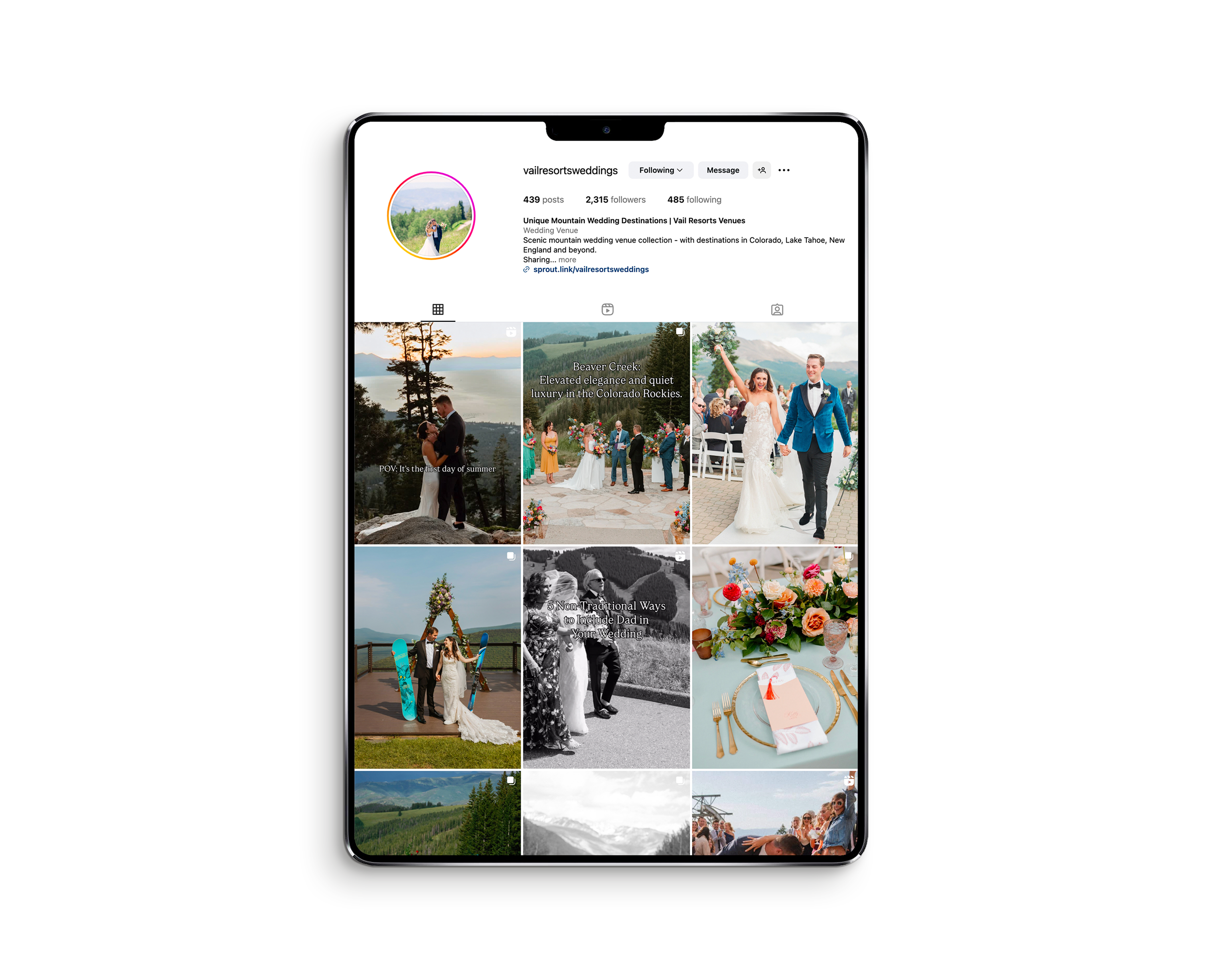Vail Weddings Instagram feed on a tablet.