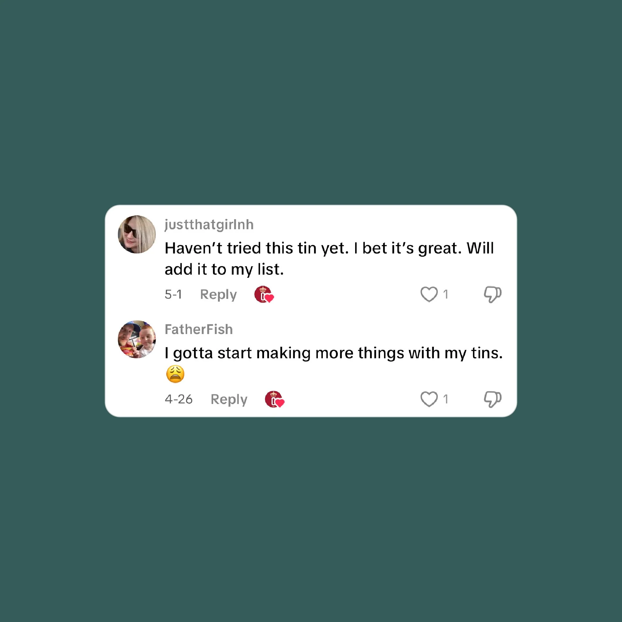 Screenshot of social media comments about making homemade canned foods, including a discussion about trying a tin and making more things with tins.