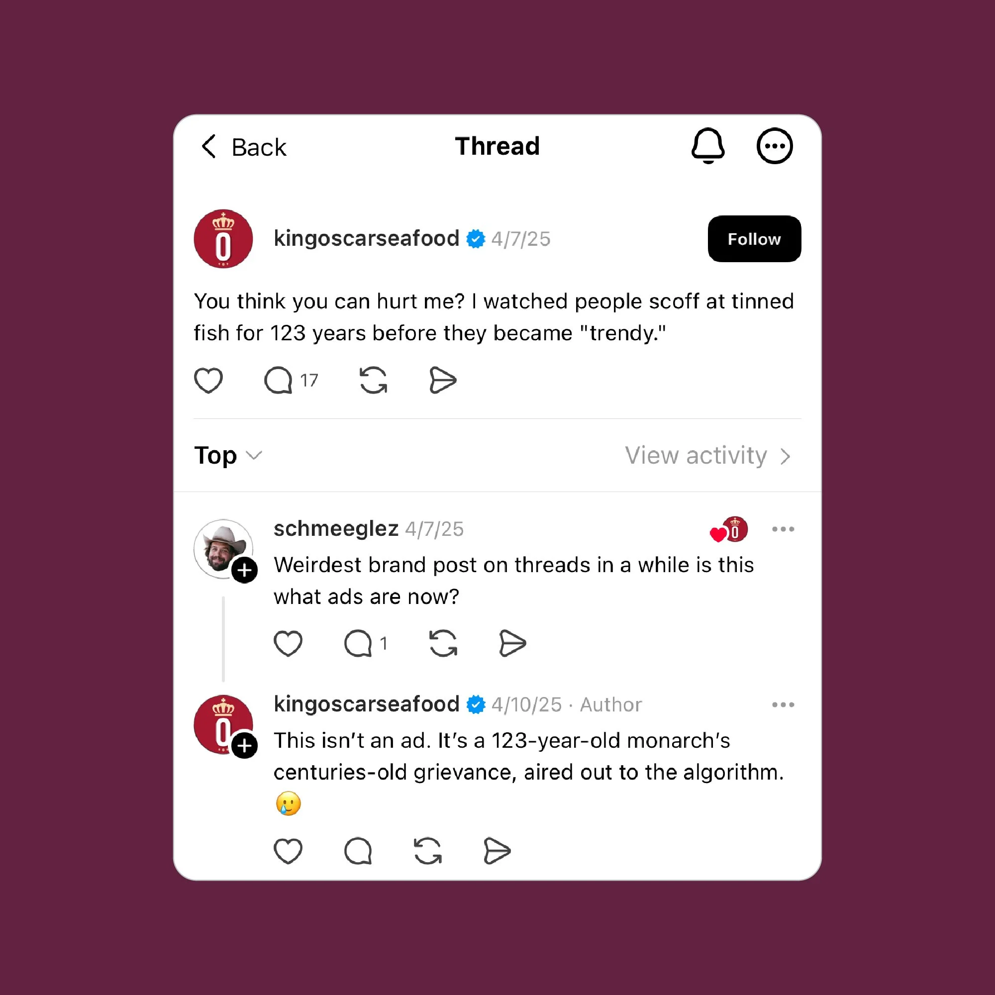 Screenshot of a social media thread from kingoscarseafood on a mobile device, featuring a 123-year-old monarch's grievance aired out to an algorithm, with comments and interaction icons.