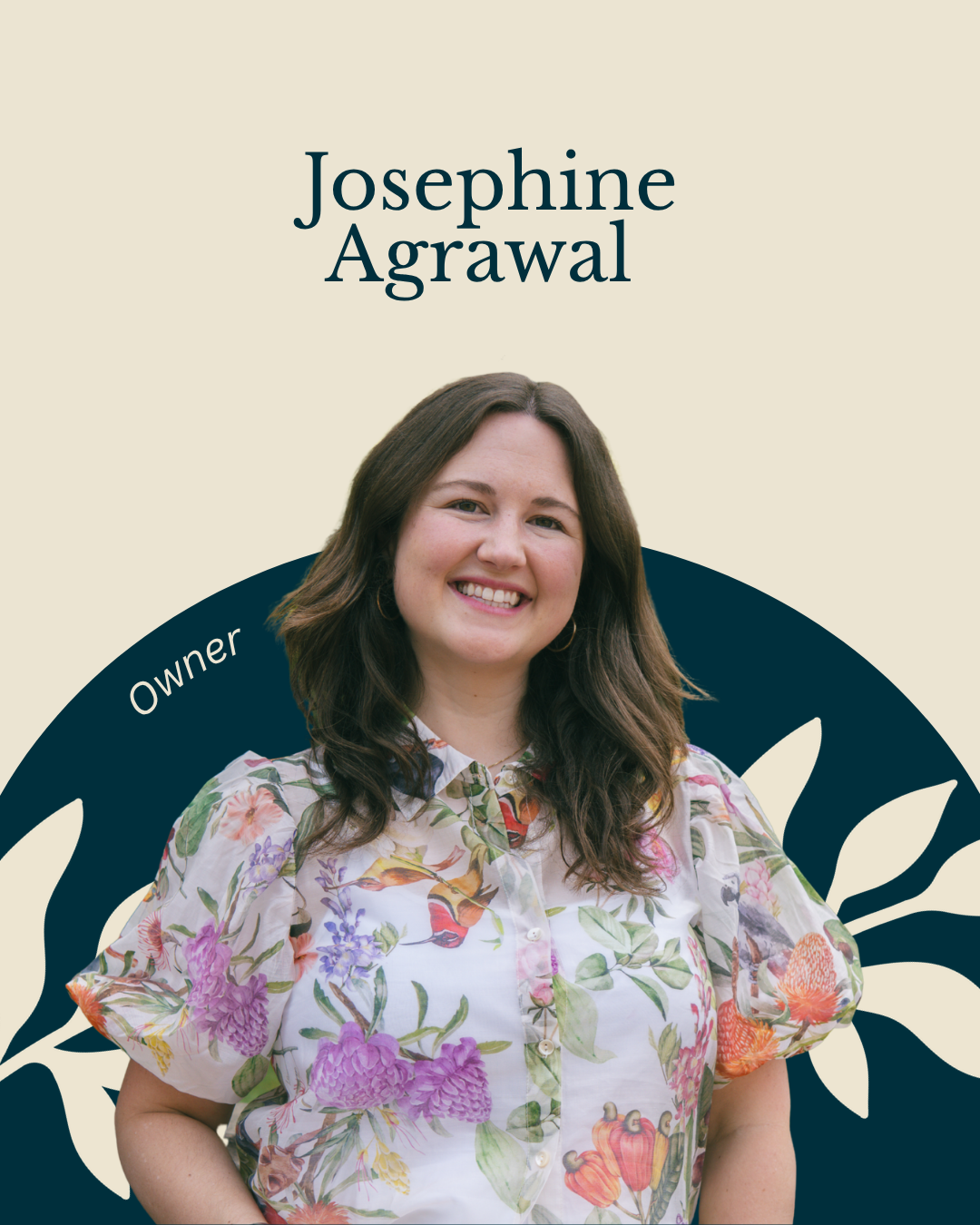 A woman with shoulder-length wavy brown hair, smiling, wearing a black plaid shirt with puffed sleeves, standing against a pink background with purple curved text that reads 'Josephine Agrawal OWNER'.