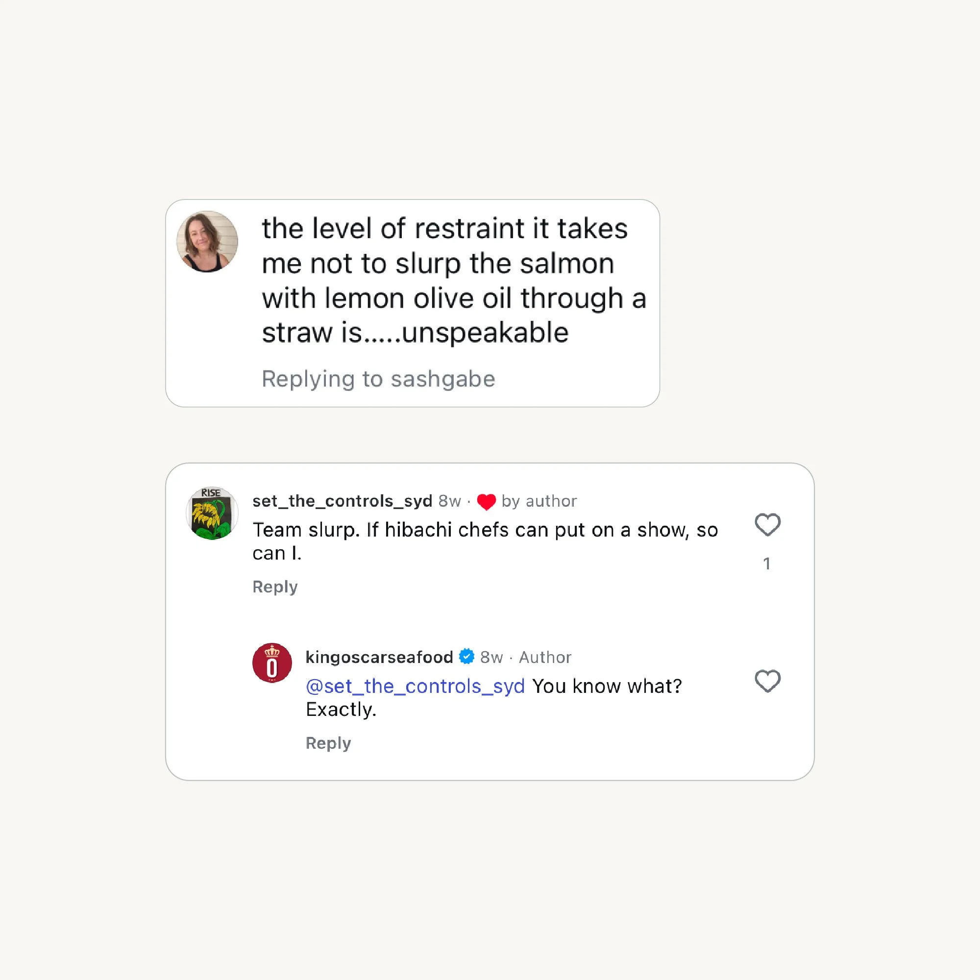 Screenshot of a social media conversation about slurping salmon with lemon olive oil and team slurp, featuring comments from followers of King Oscar.