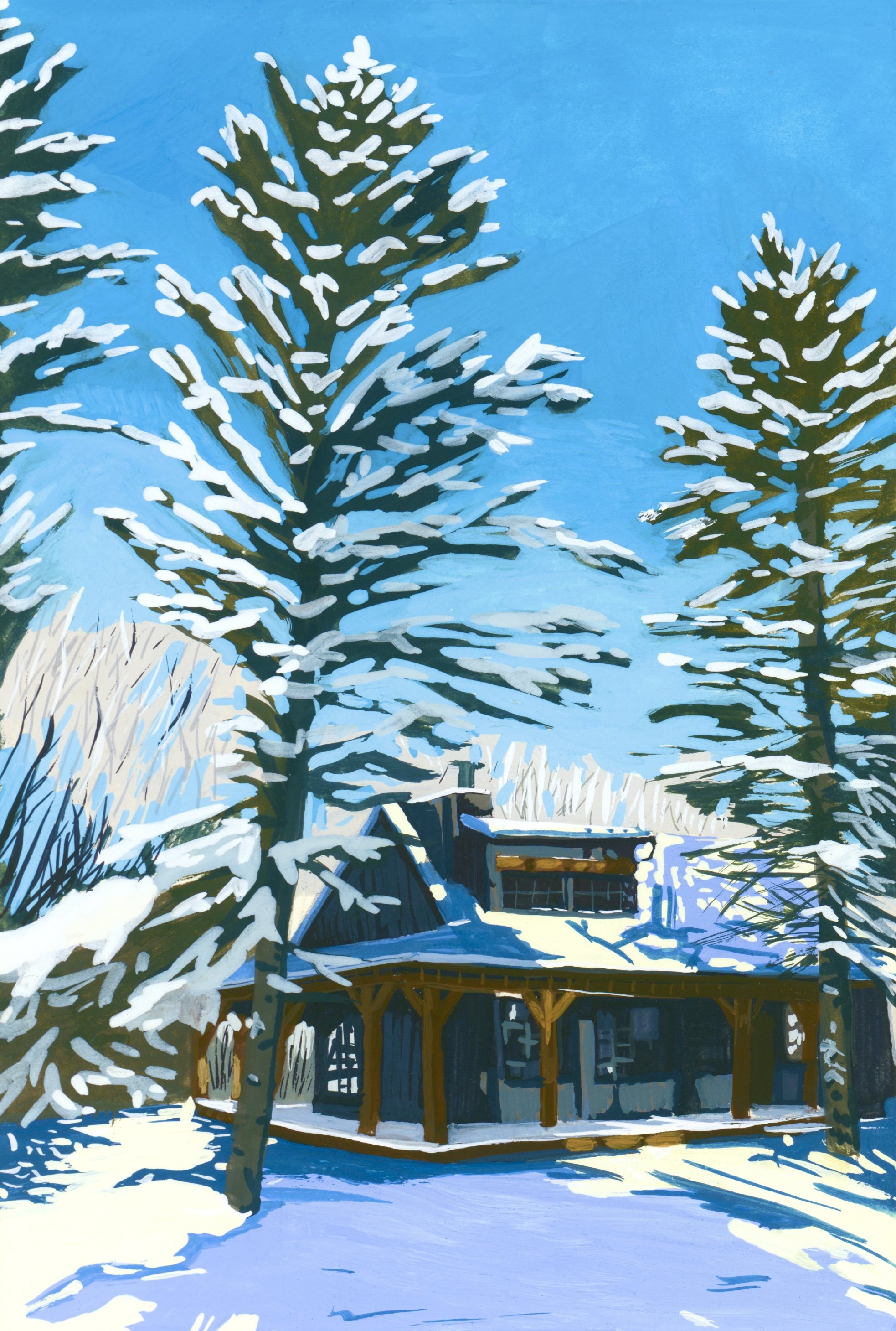 Snow-covered trees and a house in a winter landscape at in Riding Mountain National Park with a bright blue sky.