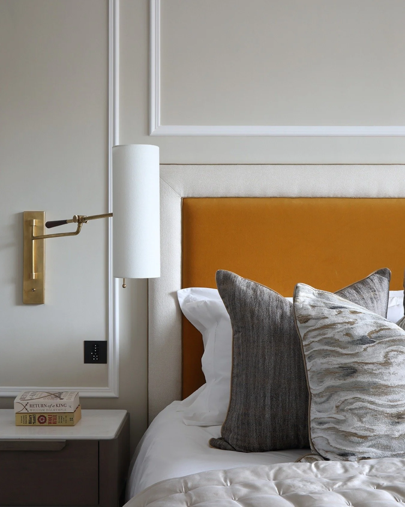 It&rsquo;s the small details that make a bedroom feel complete. Layered cushions add depth and softness to the bed, while a thoughtfully styled bedside brings balance and personality. I love the strength of this cinnamon velvet headboard softened by 