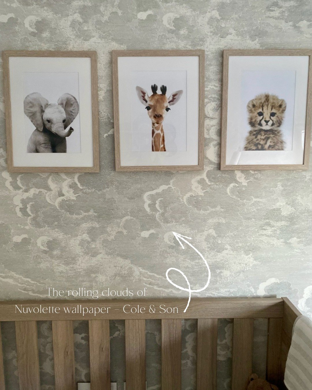 I designed this nursery when I was expecting my son, Milo in 2023, and it&rsquo;s a space I still love just as much a few years on. The rolling clouds of the Nuvolette by @cole_and_son_wallpapers create such a calming, dreamlike atmosphere - light an