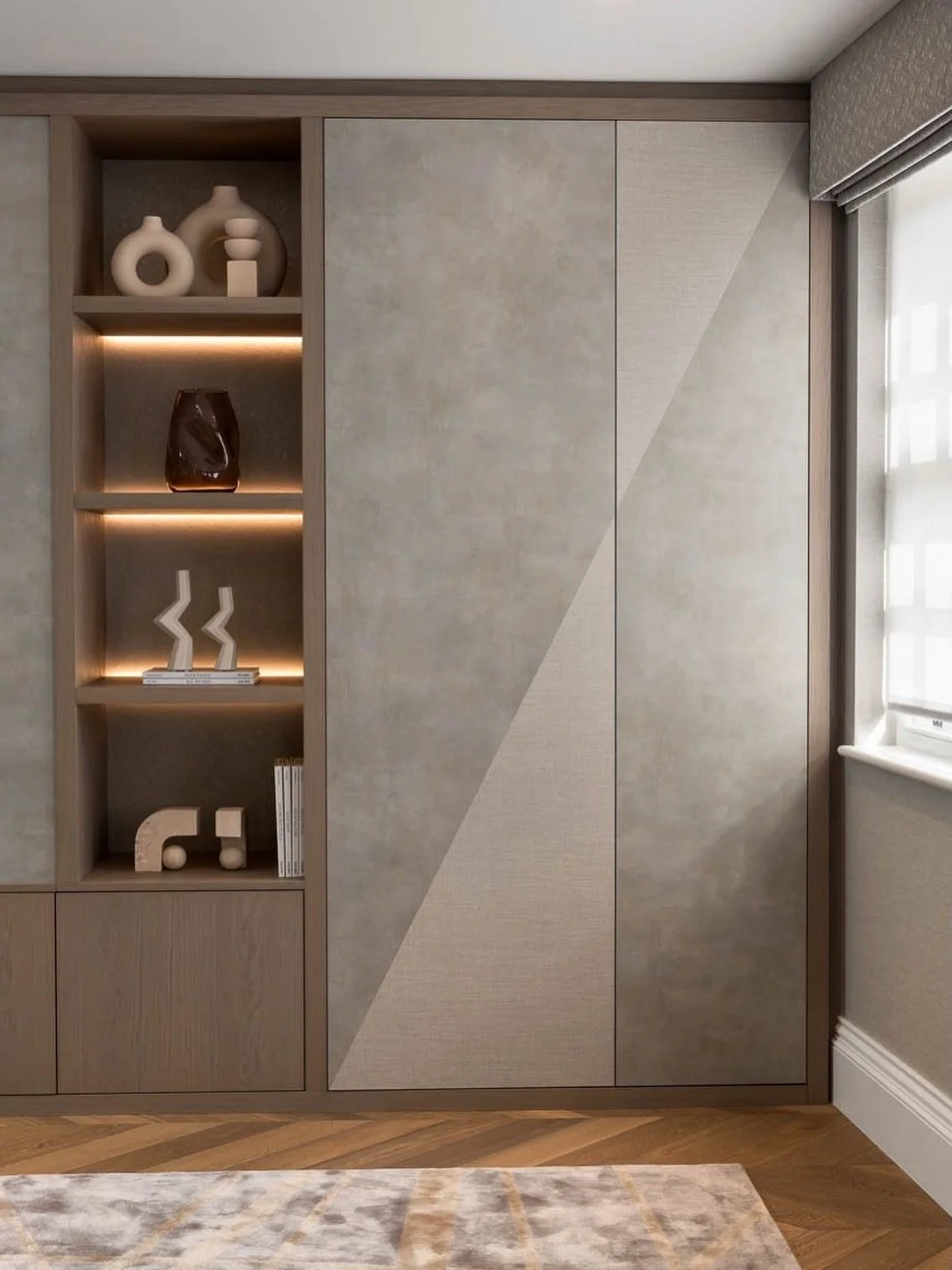 One of my favourite runs of joinery from a relaxed Family room. 

I love the unexpected asymetric detail and the blend of tactile materials. The warm oak paired with a textured linen like finish and the delicate shimmer of the mottled grey metallic e