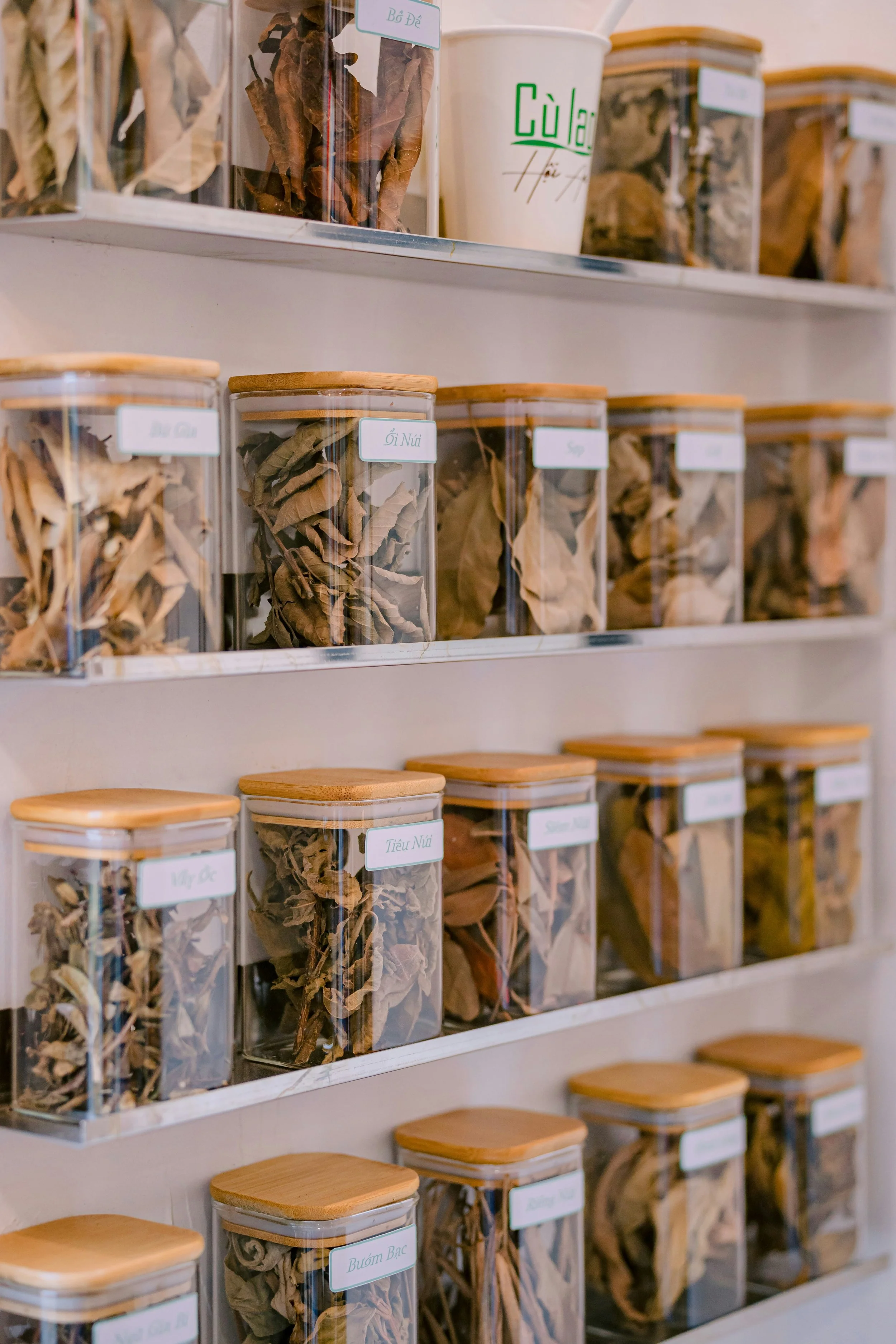 Shelves filled with transparent containers of dried herbs and leaves, each labeled with Vietnamese names.