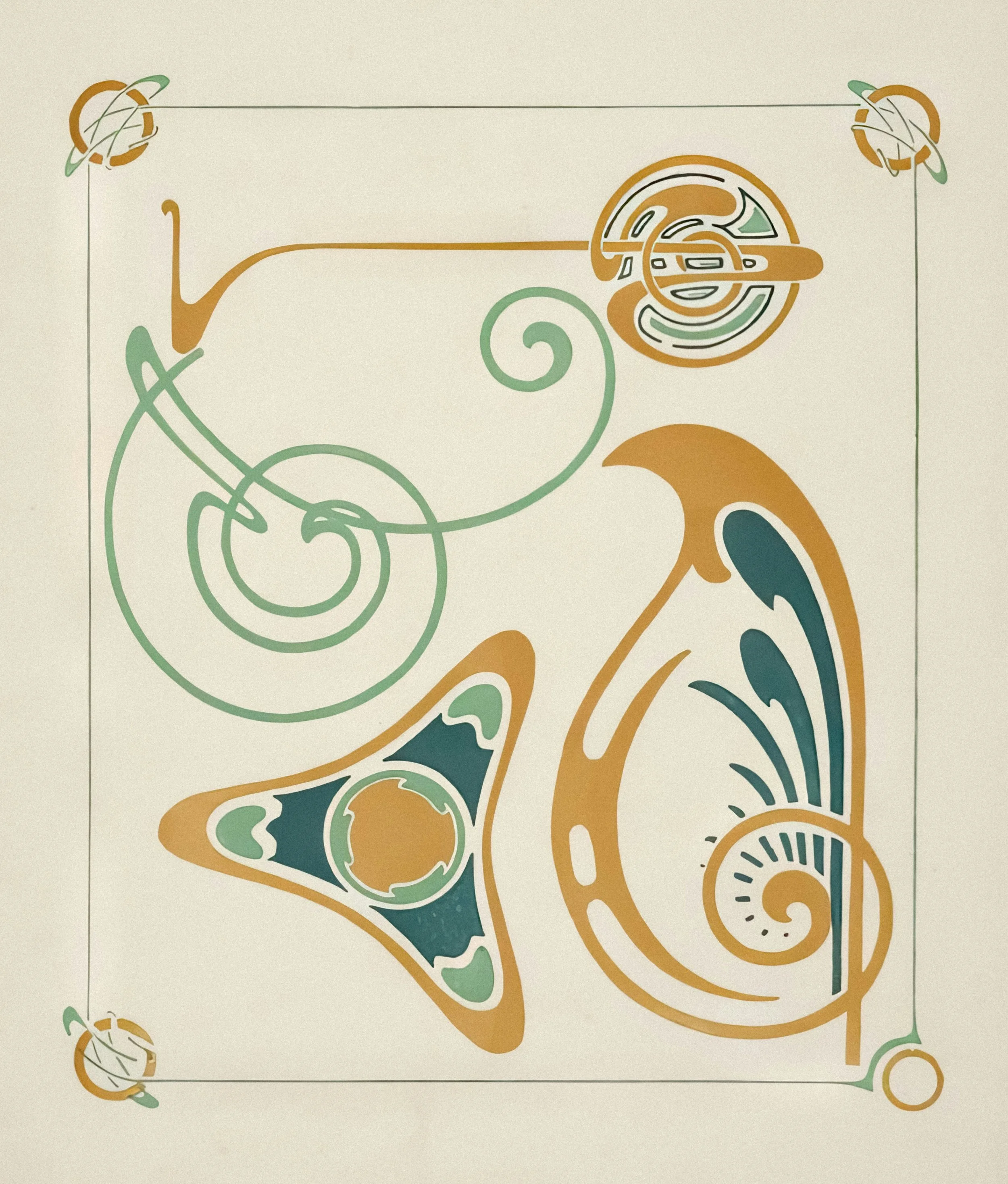 Decorative abstract artwork with swirling lines, geometric shapes, and stylized motifs in green, gold, and black on a light beige background.