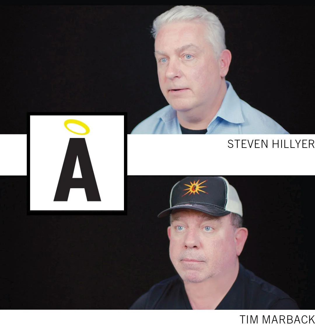 Photograph of two men, with the name Steven Hillyer above the top man and Tim Marback above the bottom man. A stylized logo with a black letter A and a yellow halo above it appears on the left side of the image.