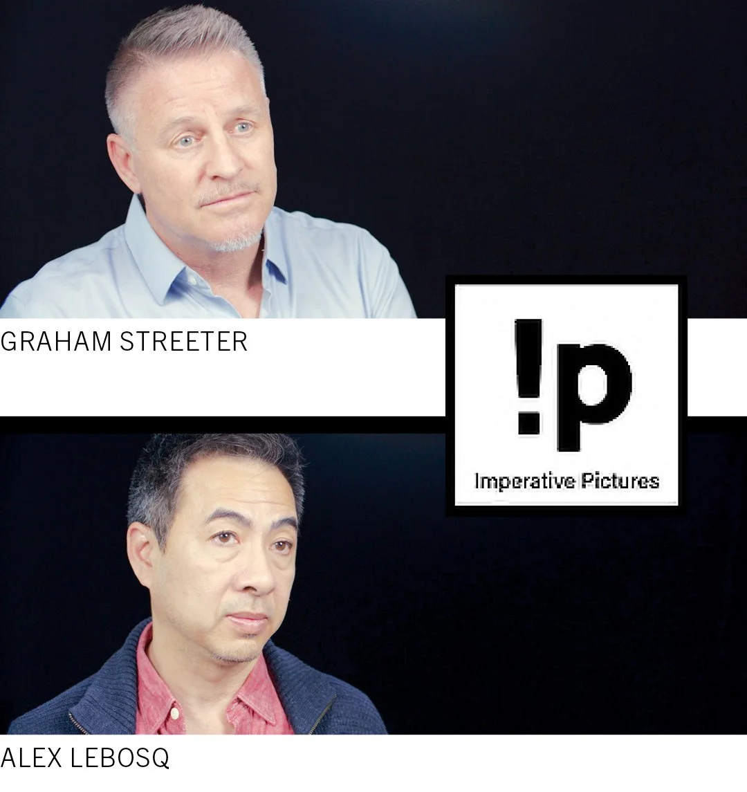 Portraits of two men, Graham Streeter and Alex Lebosq, against a black background. Graham Streeter has short gray hair and is wearing a light blue shirt. Alex Lebosq has short dark hair and is wearing a dark jacket over a red shirt. There is a logo with the text '!p' and 'Imperative Pictures' between the portraits.