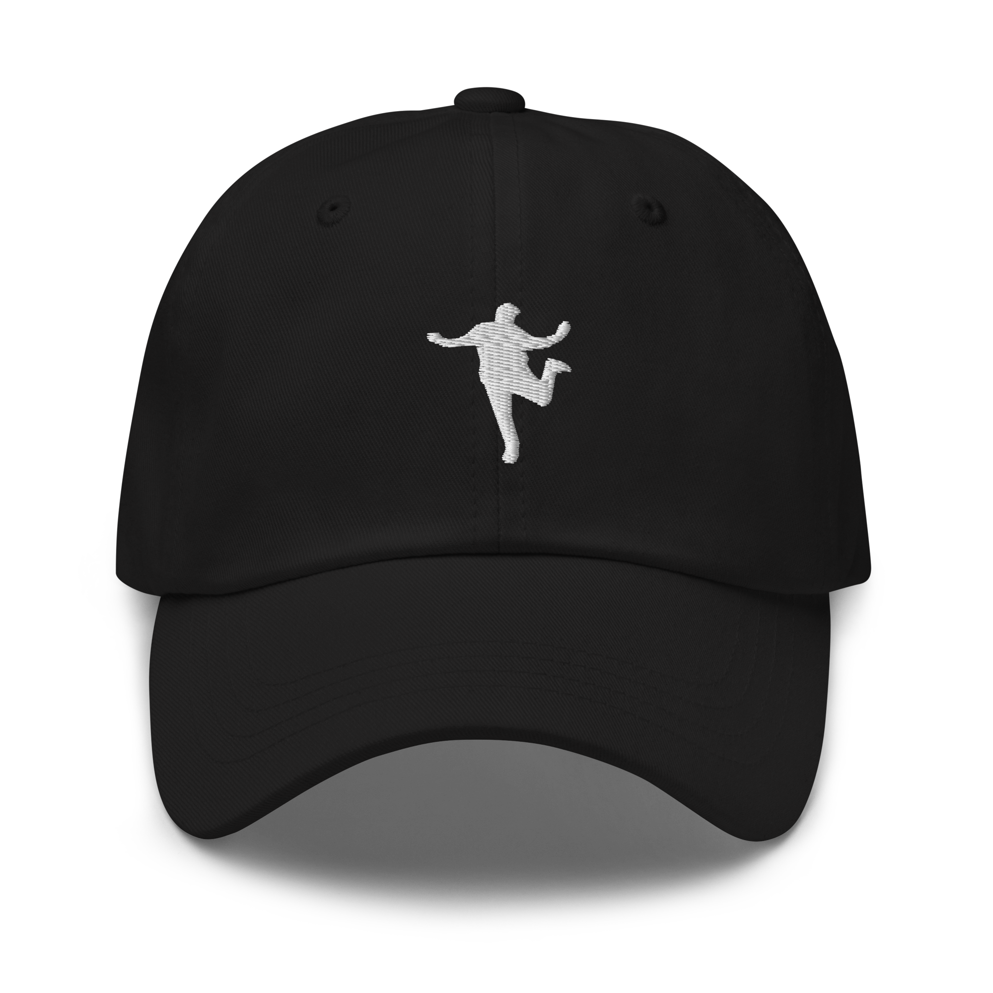 Svart keps med en vit logo av en leende kvinna som hoppar.