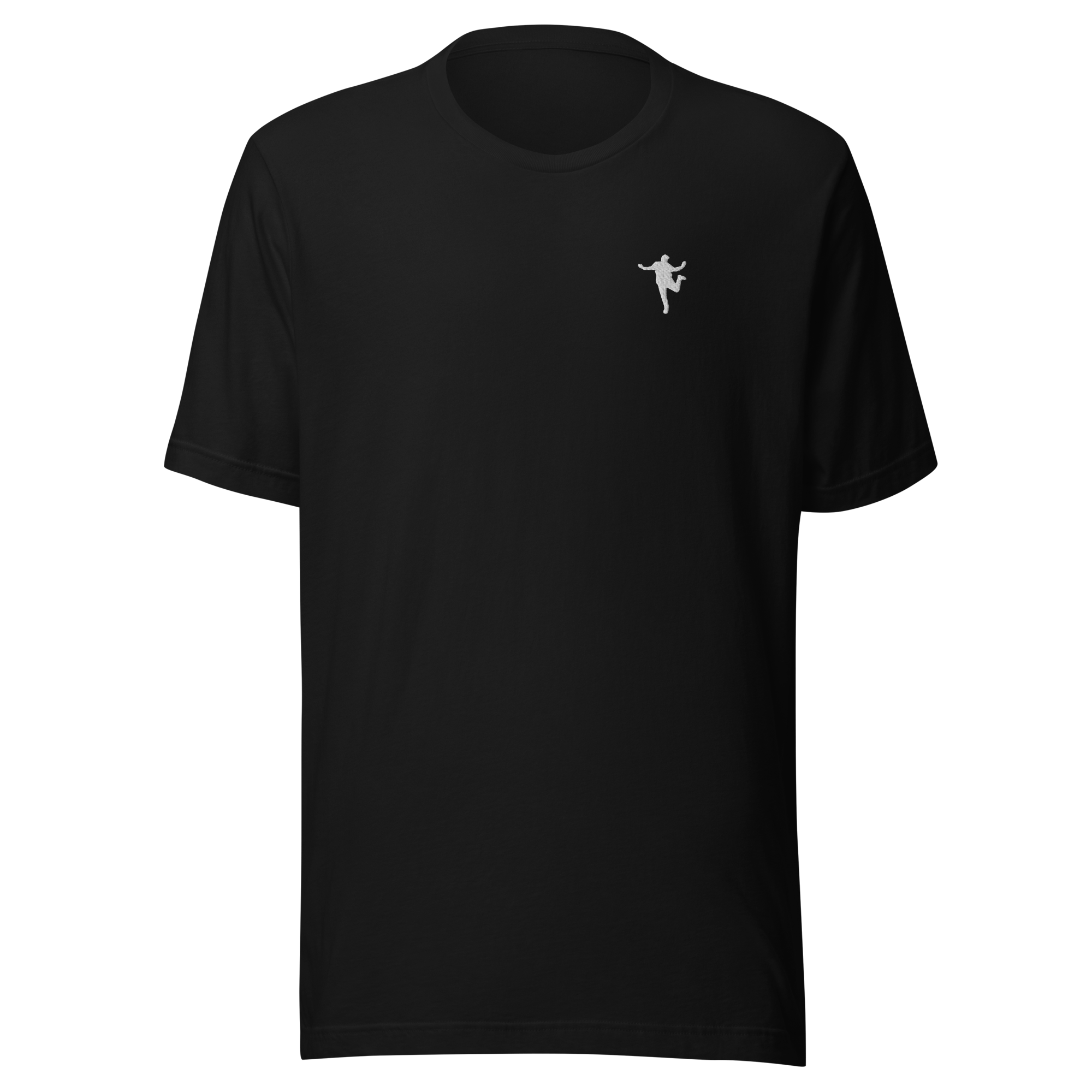 Svart T-shirt med en liten vit eller ljusgrå logo av en dansande person på vänster bröstdel.