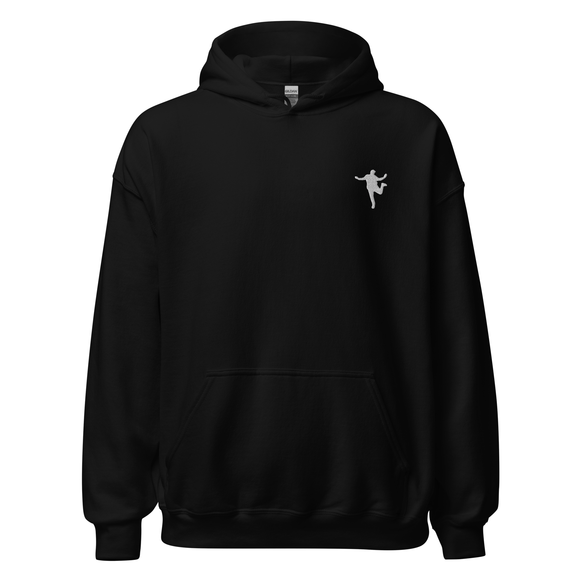 Svart hoodie med vit logotyp av en person som hoppar eller faller.