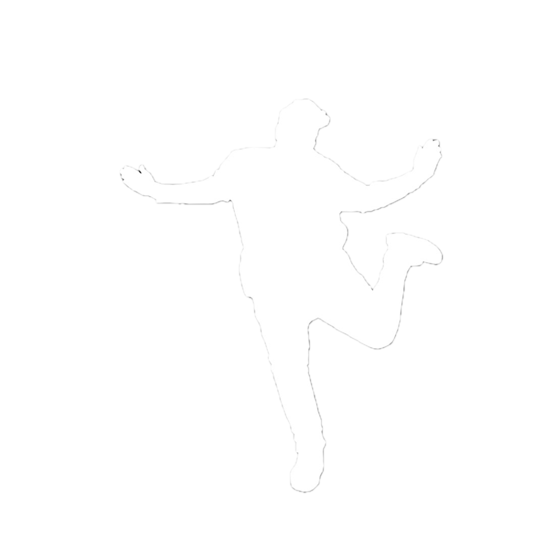 Svart bakgrund med vit siluett av en person som hoppar med armarna utåt och ett ben i luften.