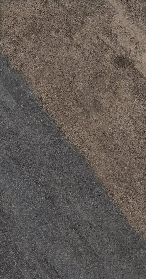 Close-up of a tiled floor with alternating dark gray and tan-colored tiles.