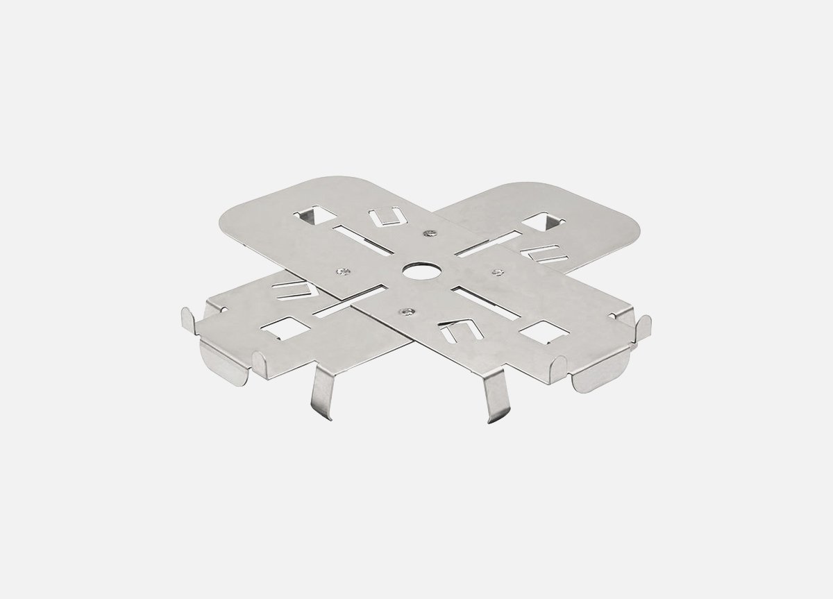 A metallic mounting bracket with multiple slots and tab locks, designed for secure installation.