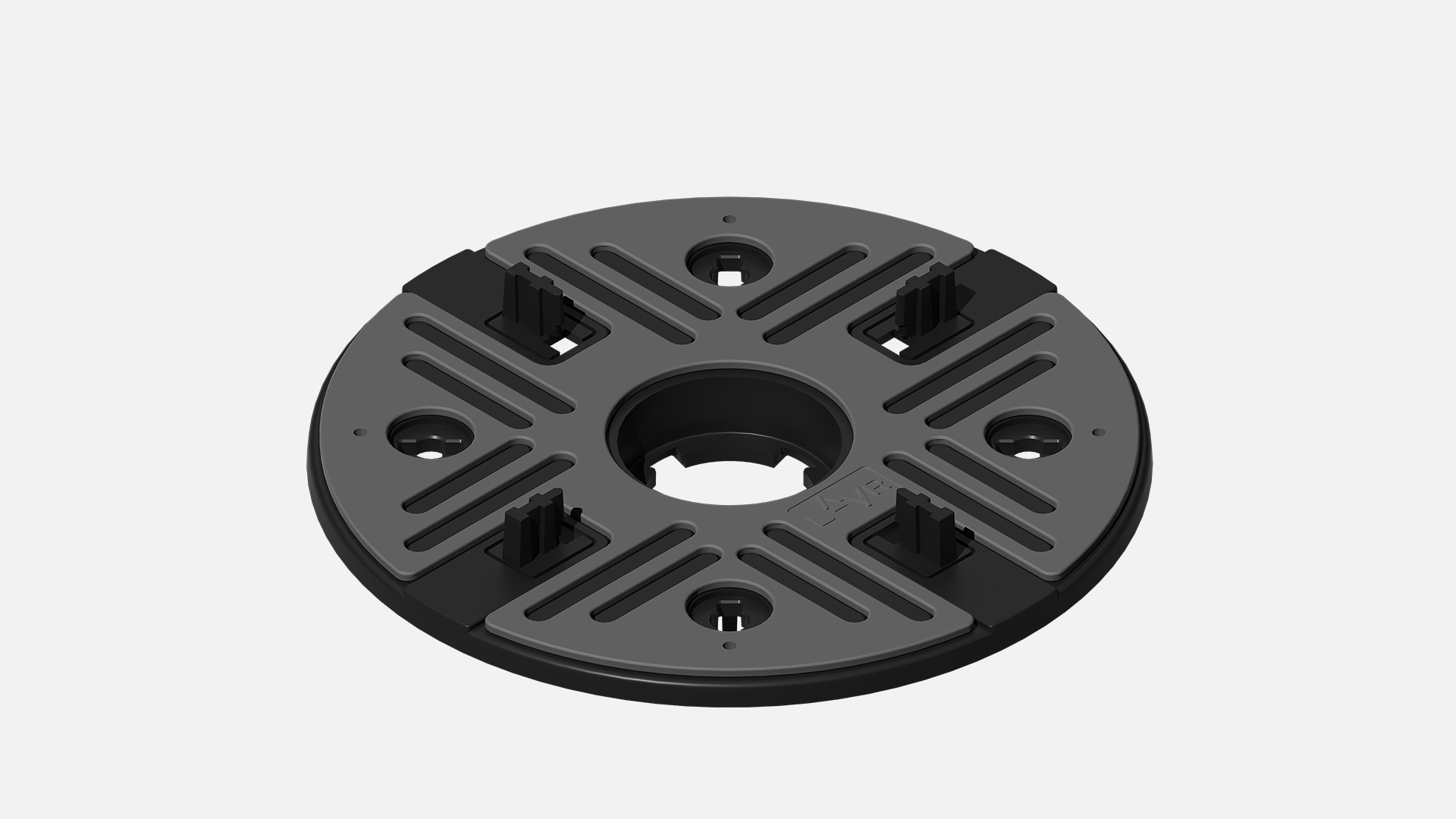 A circular black and gray adjustable furniture foot pad with four vertical black support flaps.