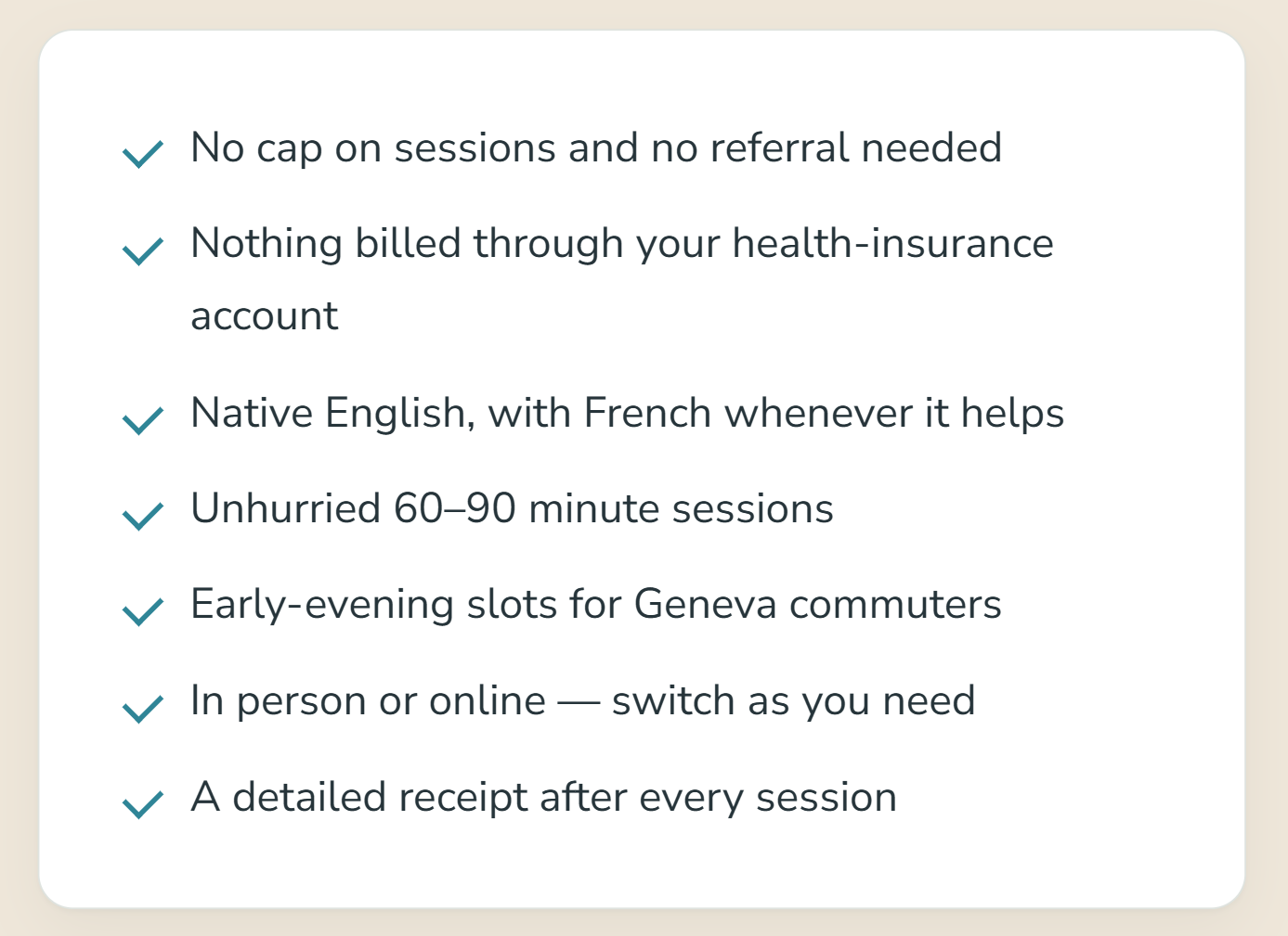 native English with French, unhurried 60-90 minute sessions, early evening slots for Geneva commuters, in person or online
