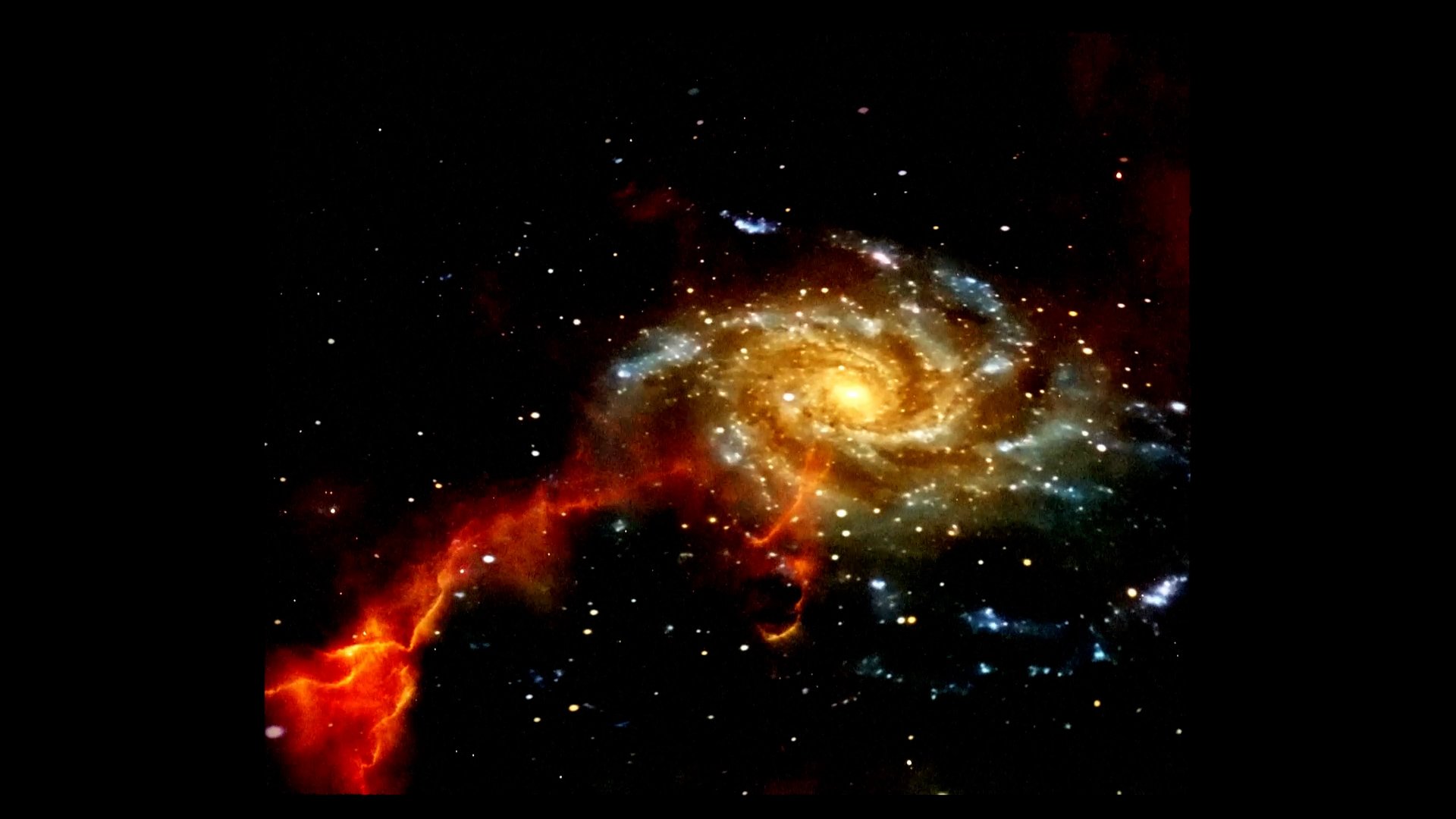 Spiral galaxy with bright center and colorful nebula in space