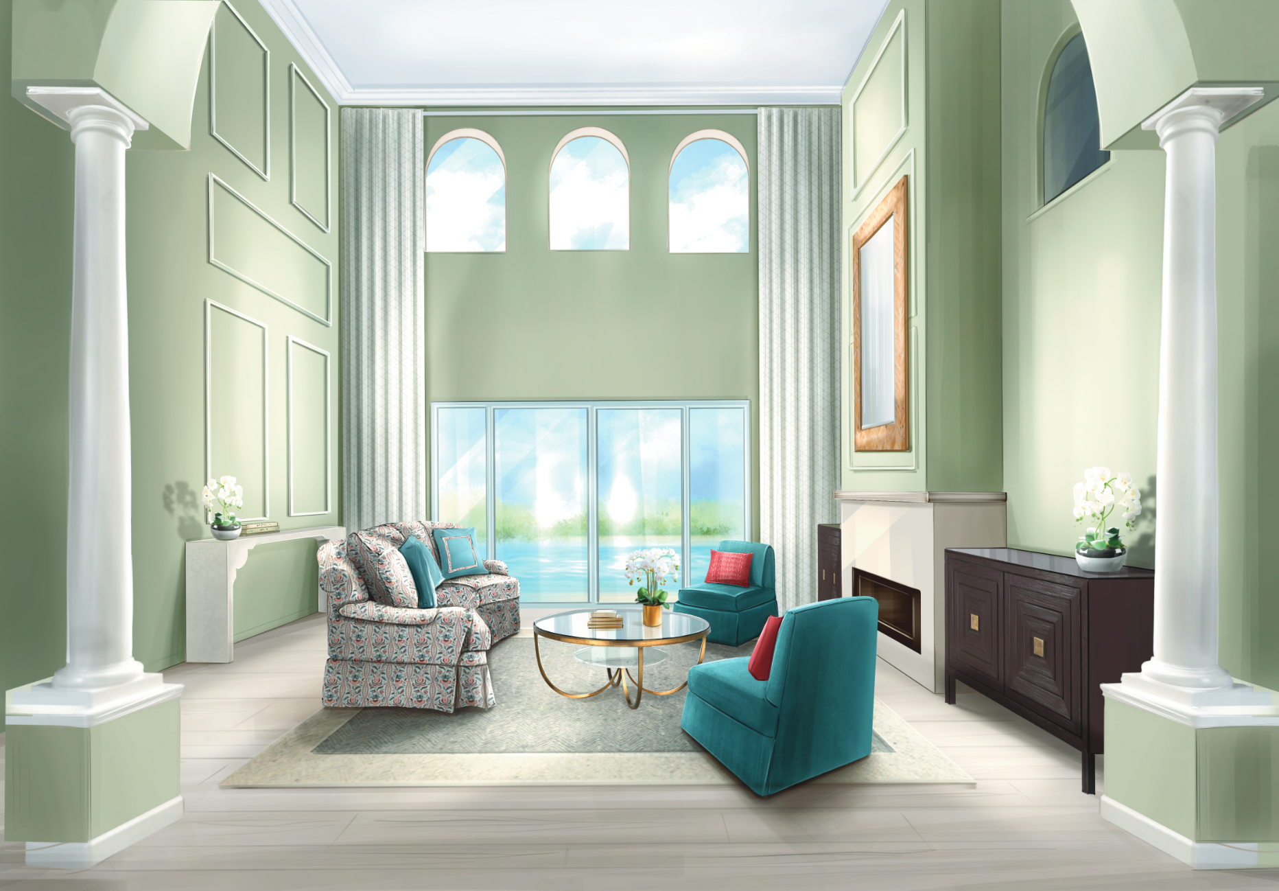 Bright living room with high ceiling, large windows, and sea view, decorated with pastel green walls, white columns, a fireplace, a dark wood sideboard, and a floral sofa with teal and red pillows.