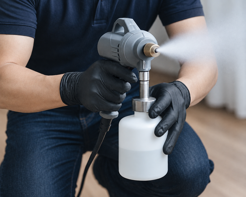 J+U team member using treatment spray equipment