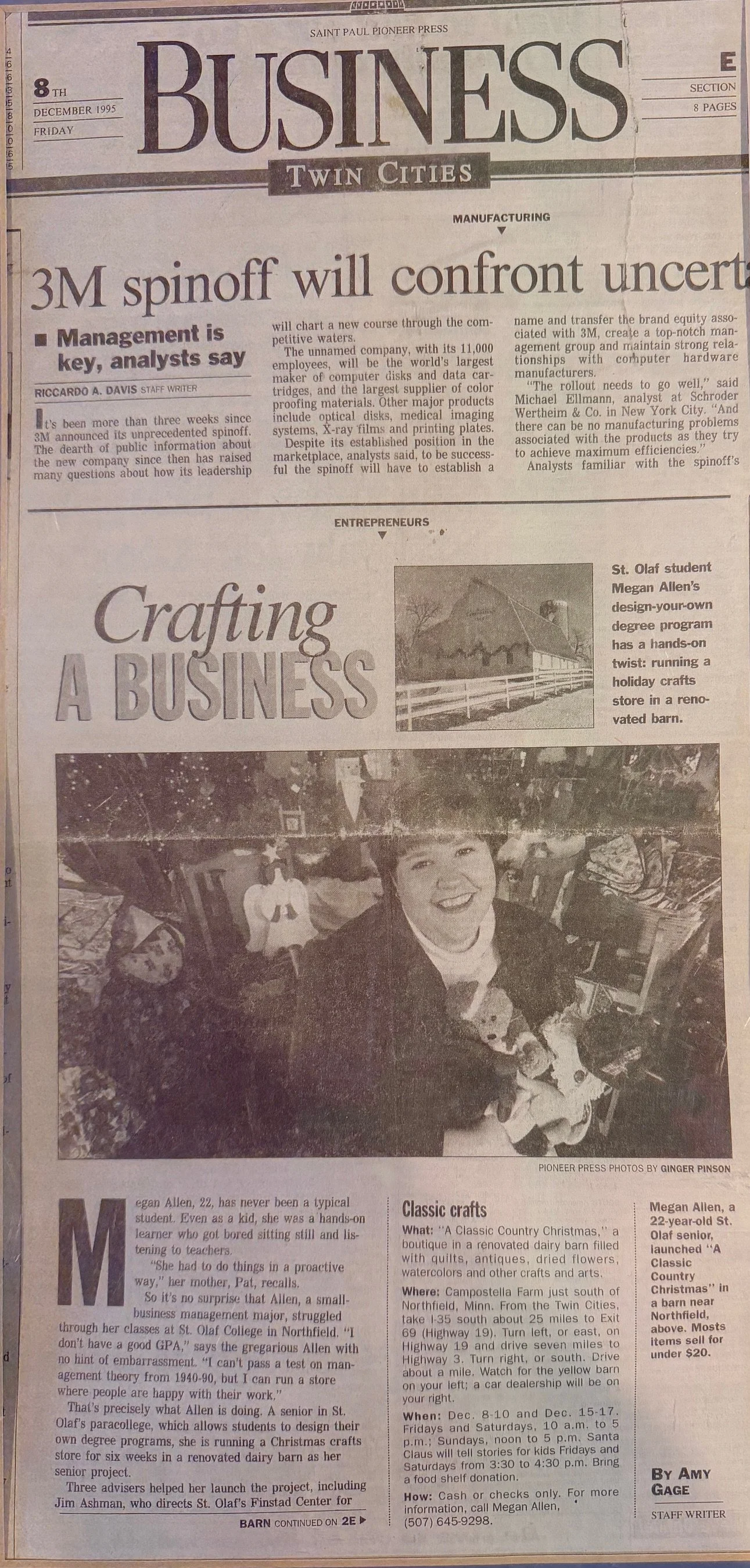 copy of a newspaper article about Megan's business during college, a craft barn