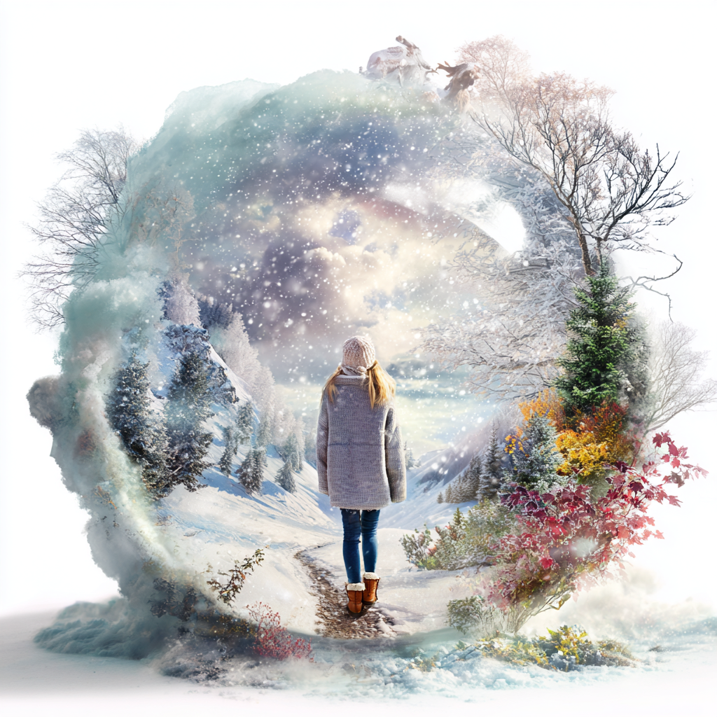 Woman in a coat, hat and boots walking in a winter scene. rt to the new year