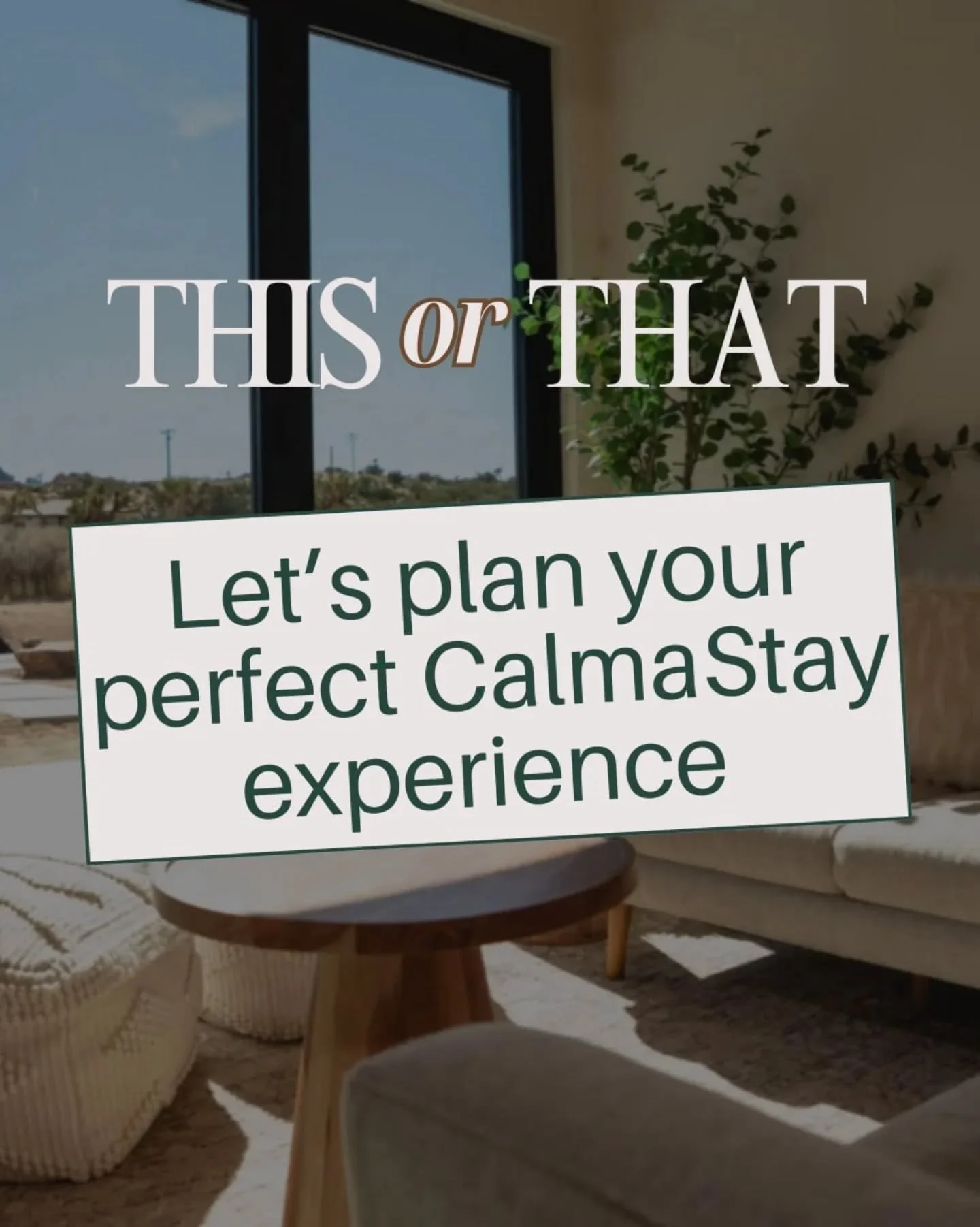 Let&rsquo;s plan your perfect CalmaStay experience 👇
Choose your vibe:
☀️ Sunrise coffee or 🌅 sunset wine
 🔥 Hot tub night or 🎬 movie night
 🌵 Solo reset or 💛 romantic escape

Drop your answers in the comments and we&rsquo;ll tell you what your
