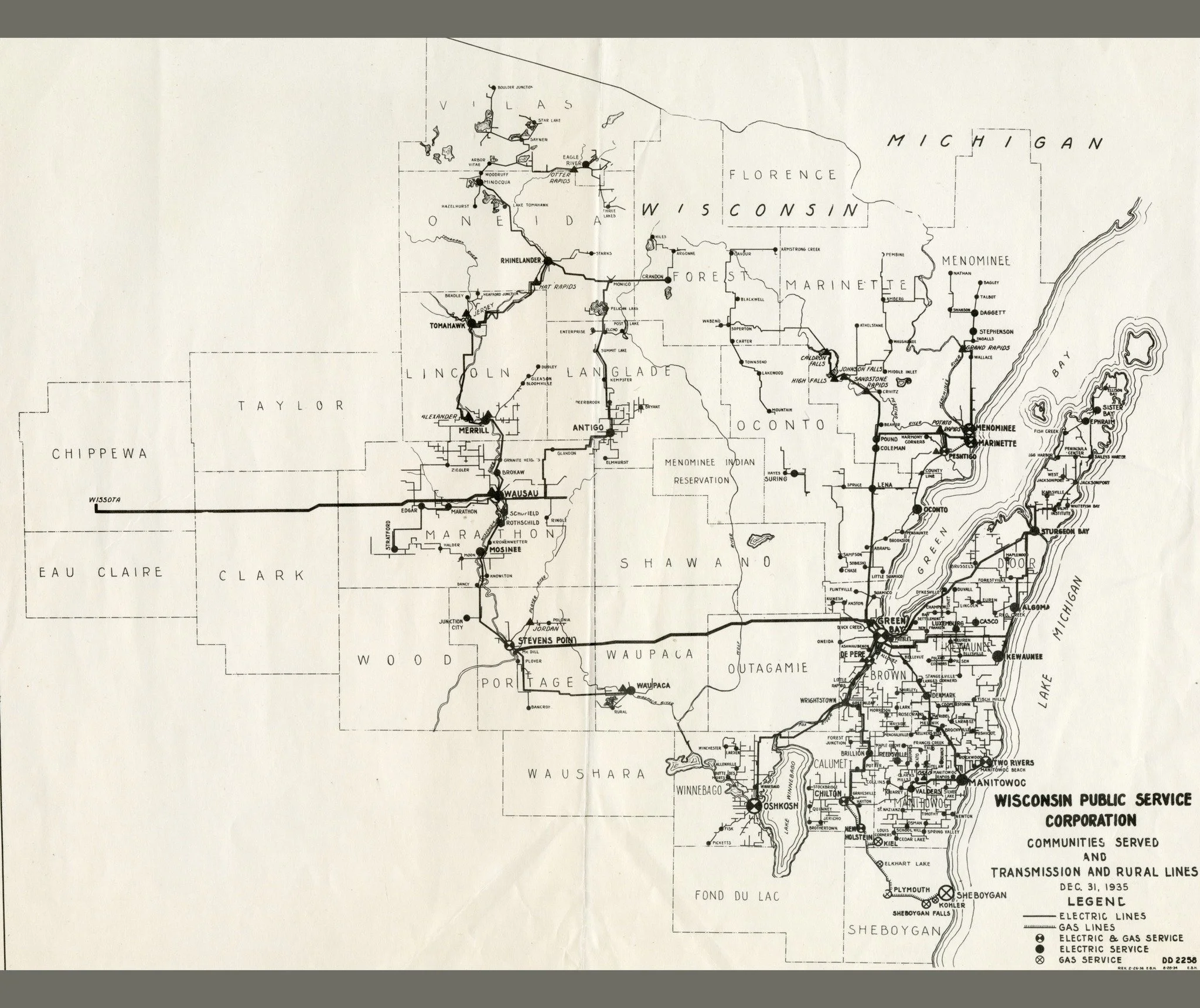 The answer to this week's March MAPness. This map shows transmission lines and communities served by Wisconsin Public Service in 1937. 

It might be tempting to see the transmission lines on this map as being roads or rail lines. They do tend to foll