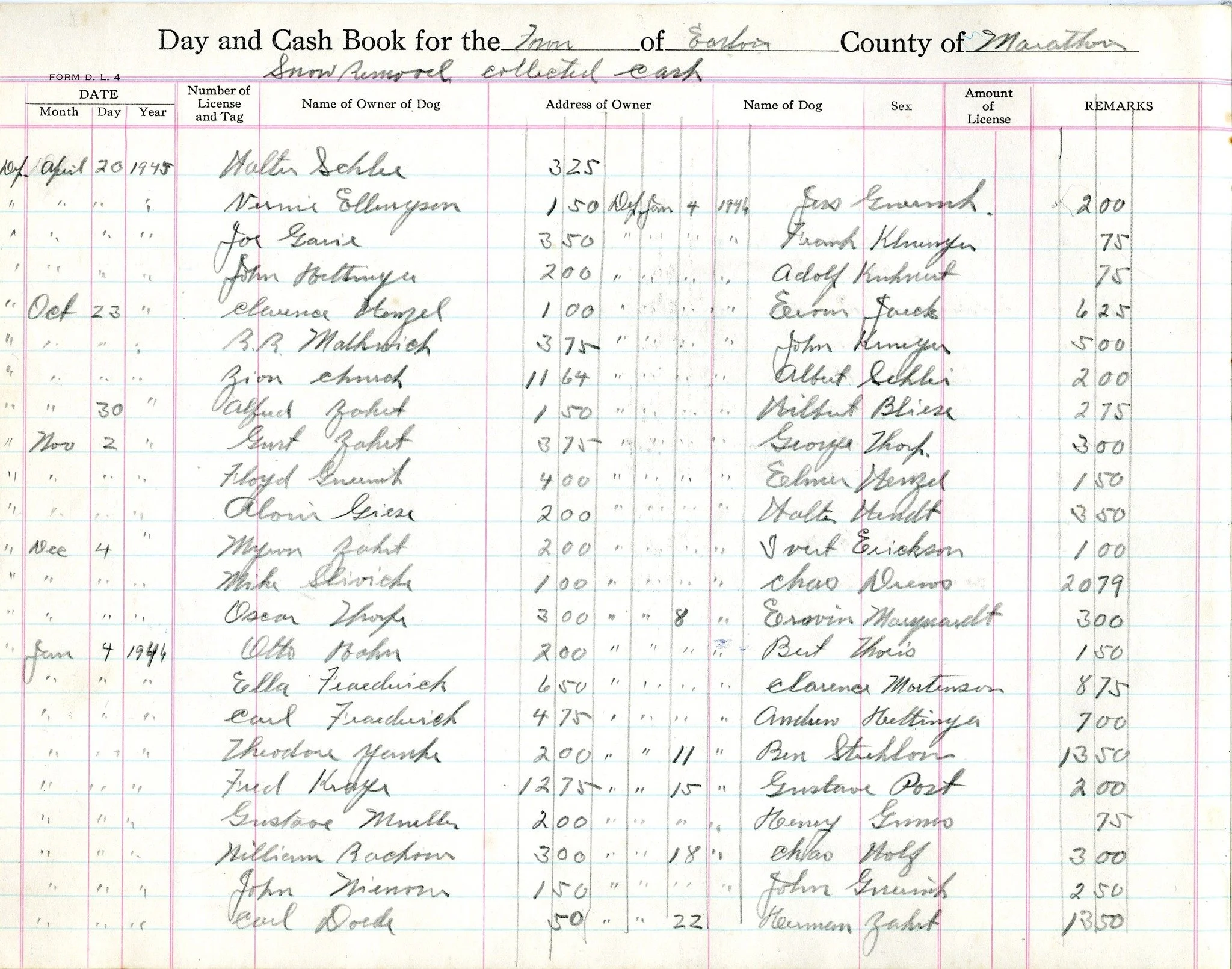 Here's an interesting page from a old ledger found in our archives that lists the snow removal fees from residents of the Town of Easton in 1945.

Apparently the need to keep track of snow removal on county roads was still pretty new, because they di