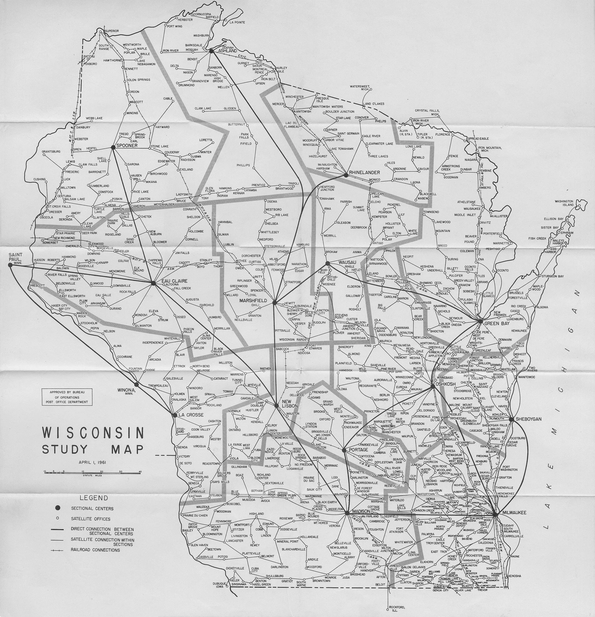 Here's the answer to this week's March MAPness map: it's a "Wisconsin Training Map" from the US Postal Service, dated April 1, 1961.

This is the sort of map that wasn't meant for the general public, but for those people who needed to know 